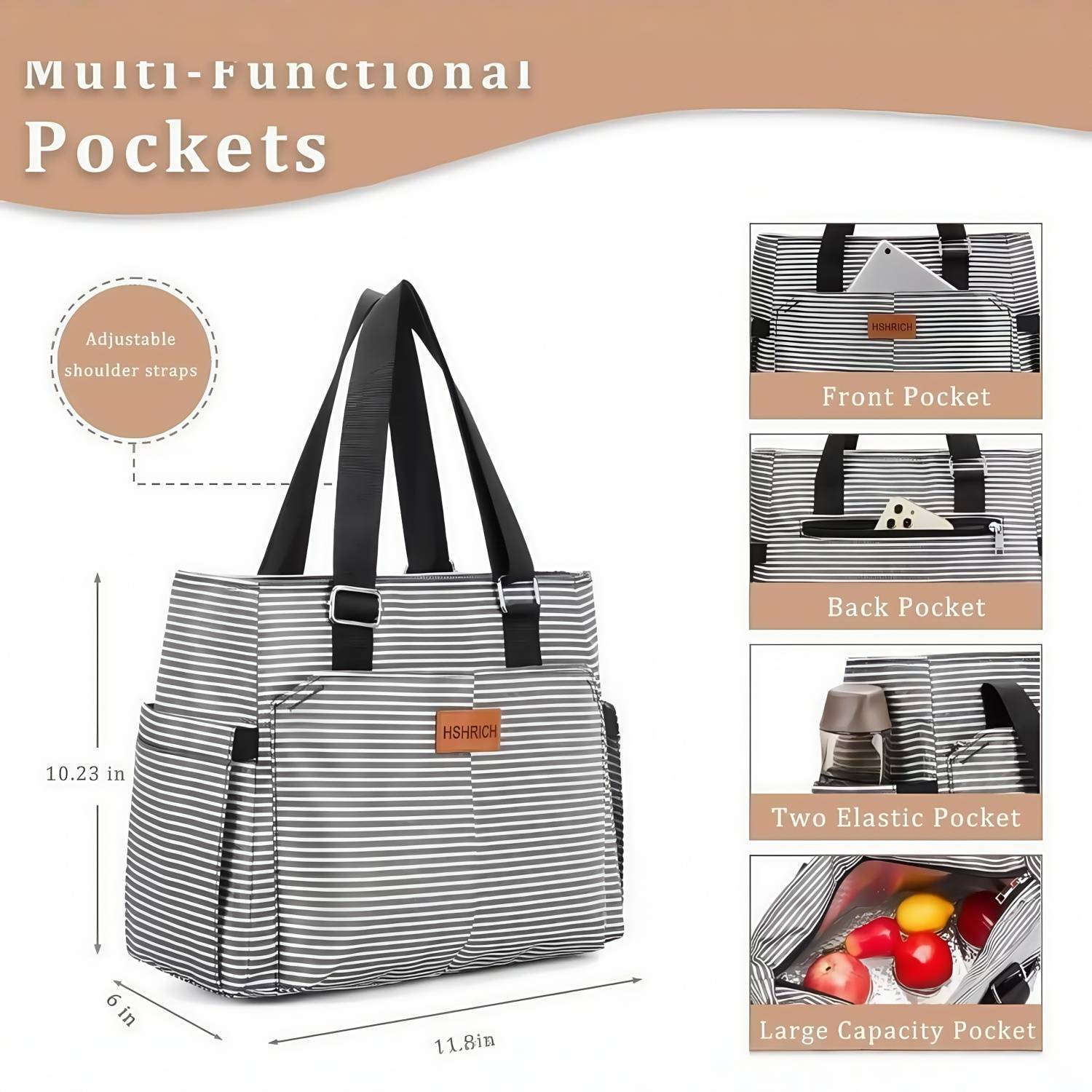 9L Oxford Insulated Cooler Lunch Bag w/ Pockets for Office 1