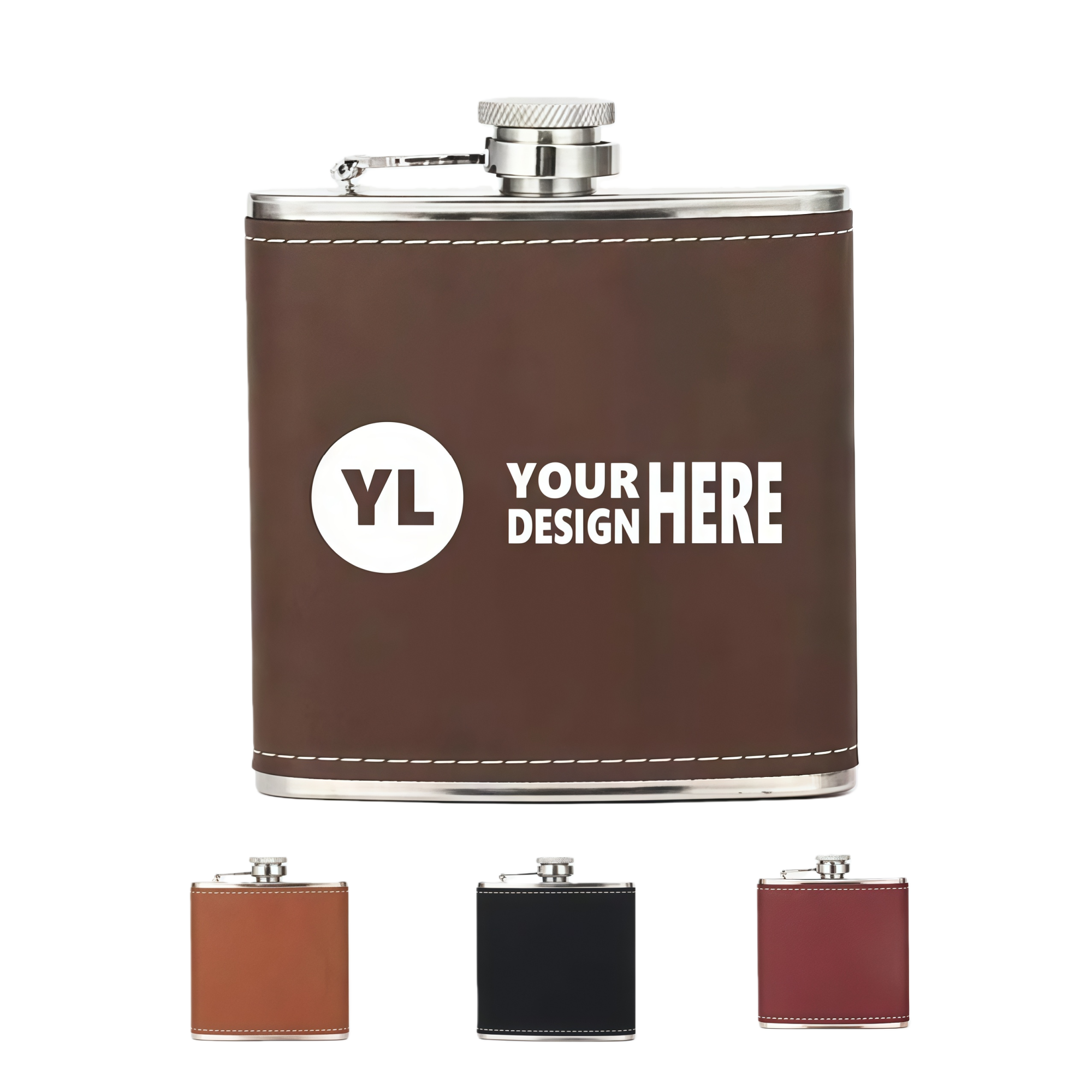 6oz Leather Wrapped Stainless Steel Hip Flask, custom water bottle with logo imprint 2