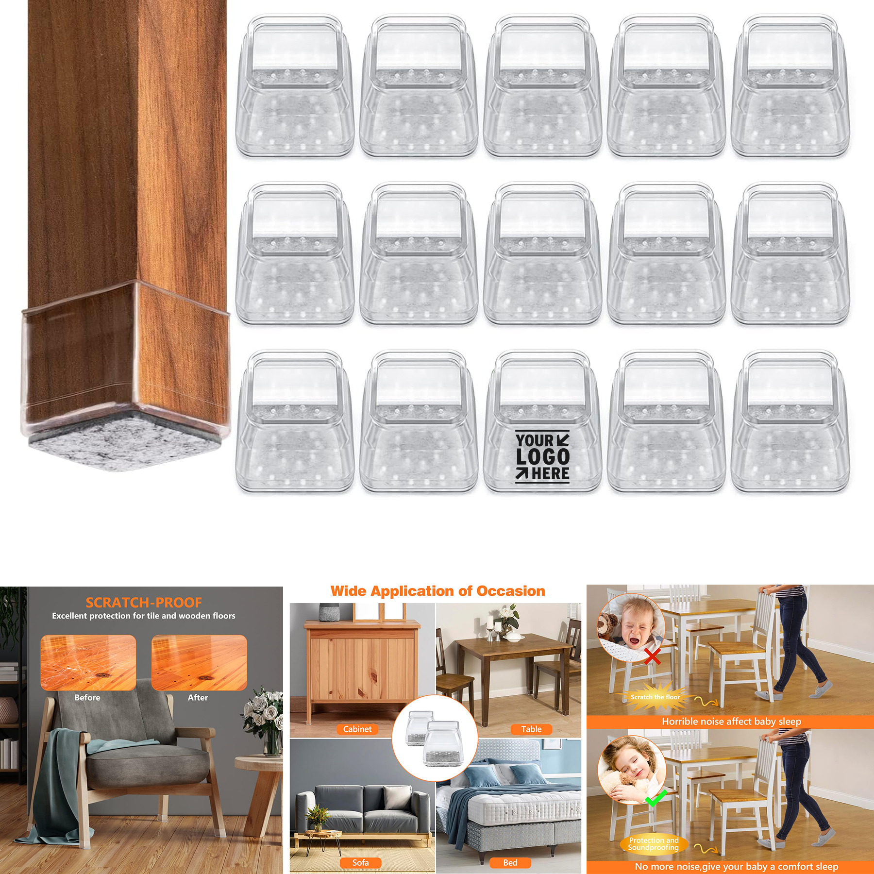 Square Chair Leg Hardwood Floor Silicone Transparent Protector Furniture Pad 