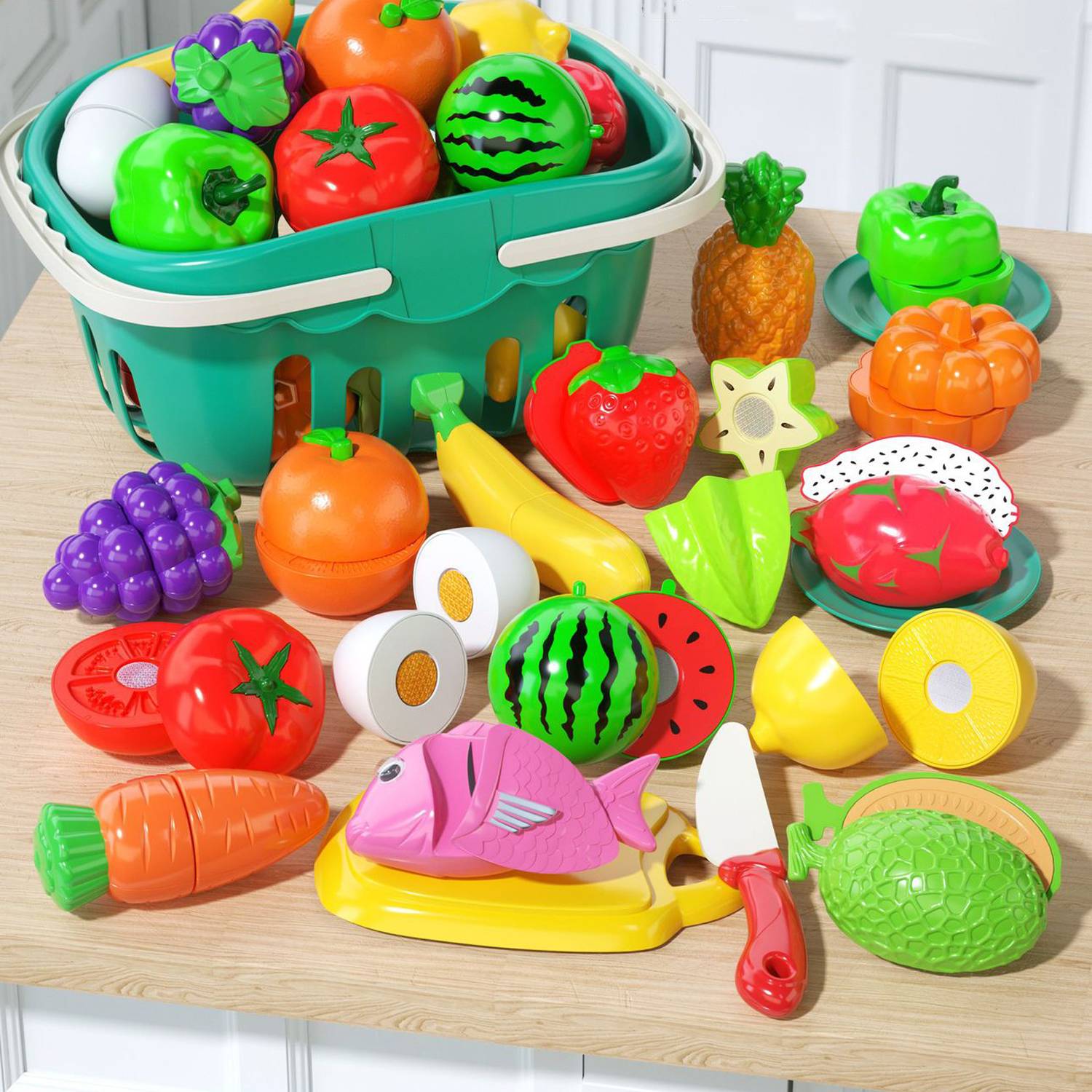 19PCS Toddler' Fruit Veggie Toy Set w/ Shopping Basket 3
