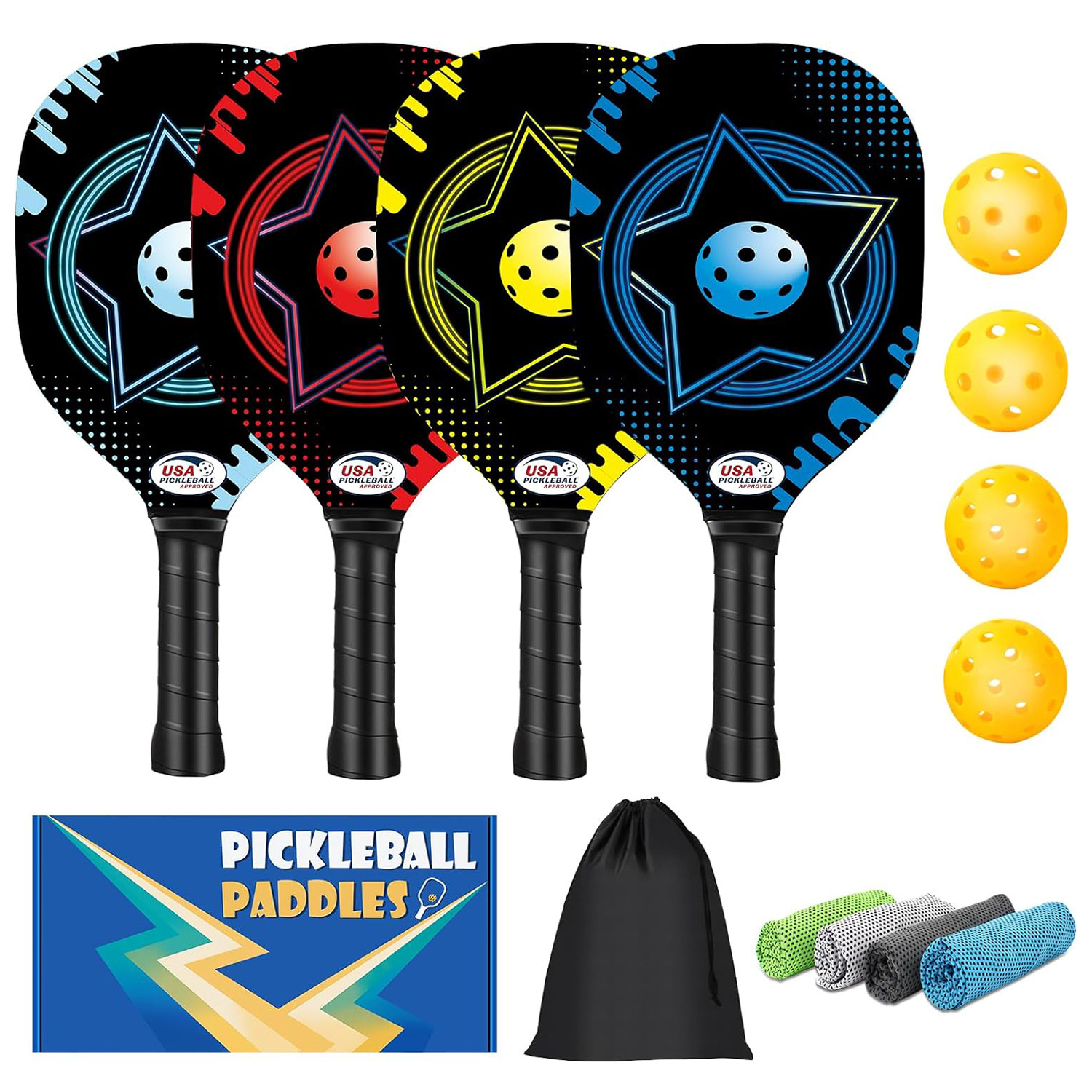 Wooden Pickleball Racket Paddle & Ball Set w/ Coolmax Towel 3