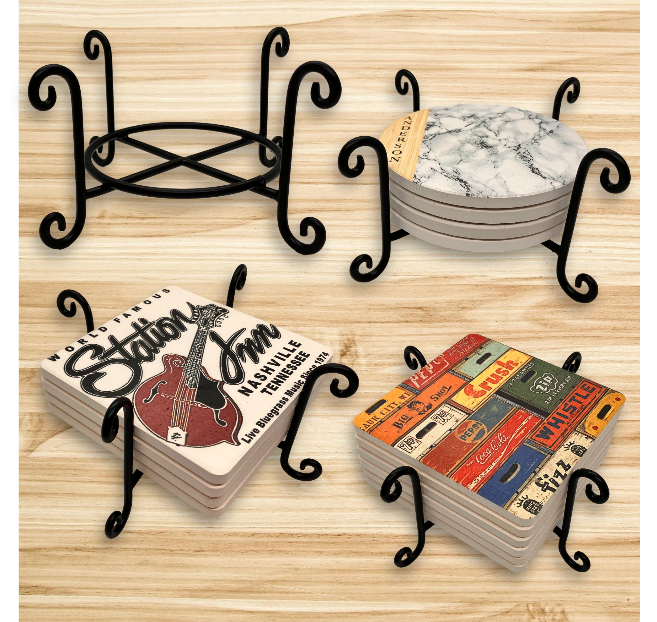 Four Scroll Post Metal 6 Coaster Holder Sets 4