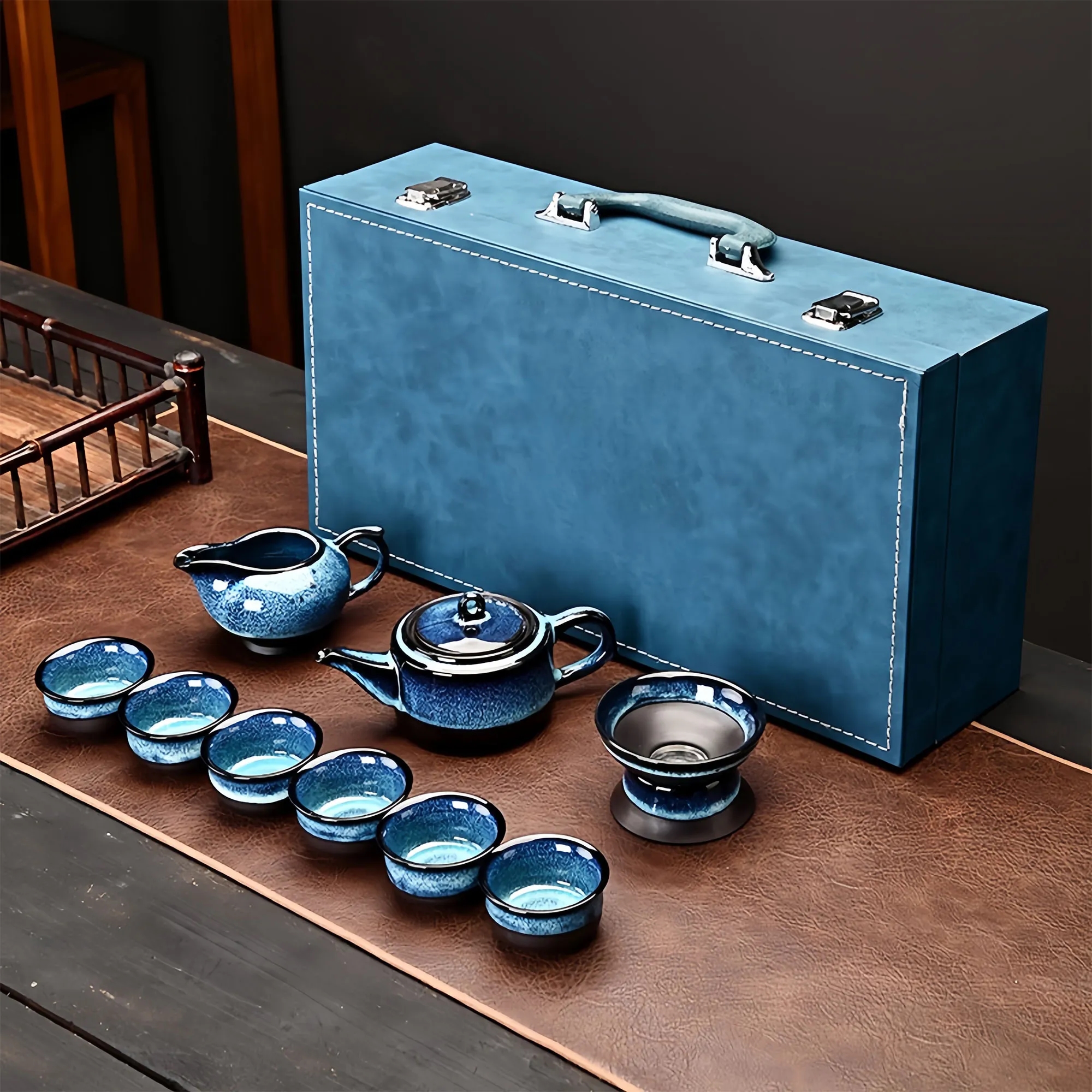 Premium Jun Kiln Glazed Tea Set With Gift Box For Business 3