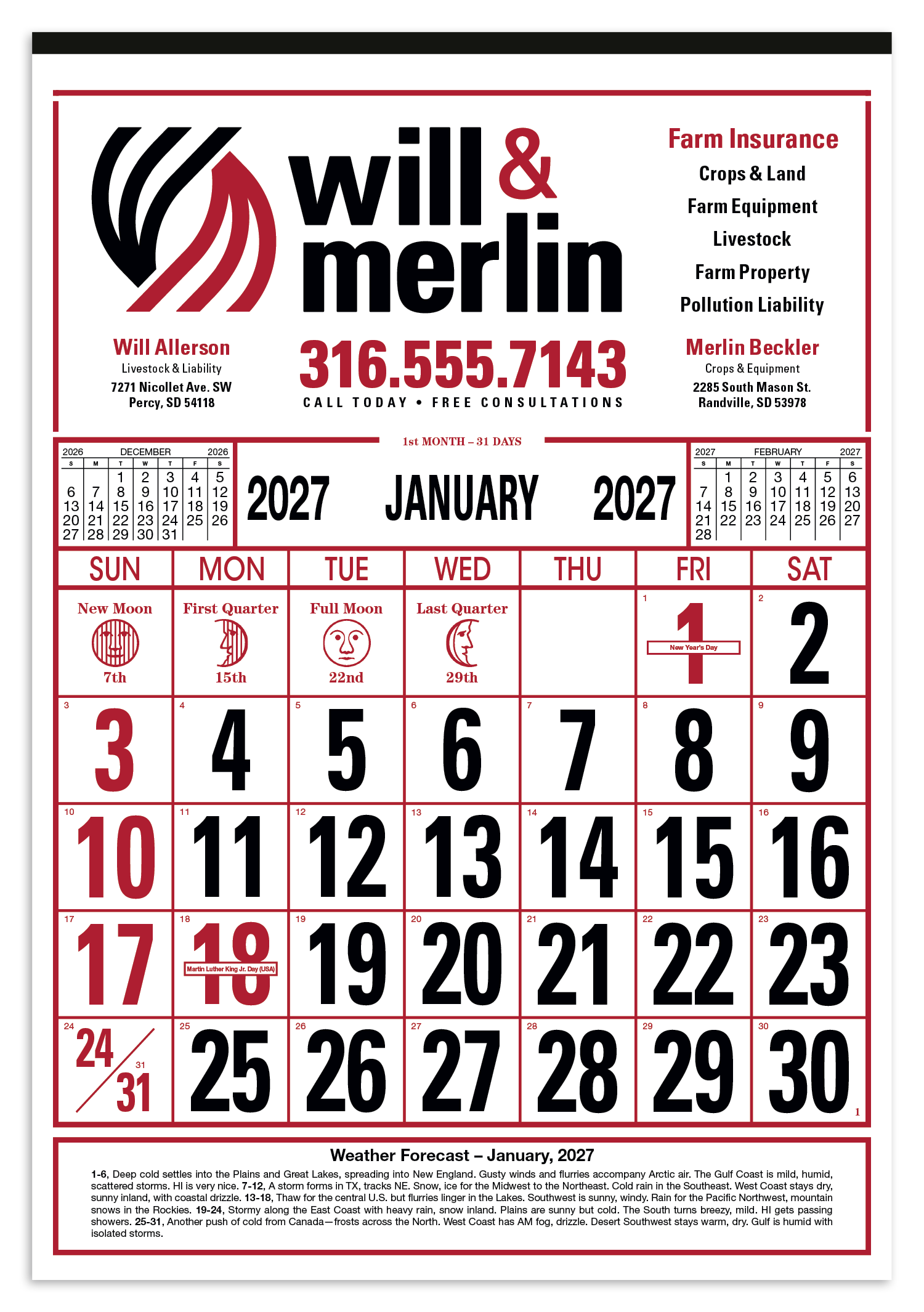 Skinner & Kennedy® Commercial 12-Sheet Calendar 12