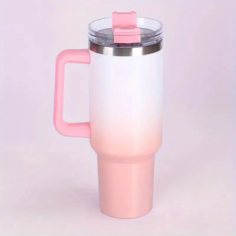 40oz Portable Rainbow Gradient Car Tumbler With Handle Straw 18