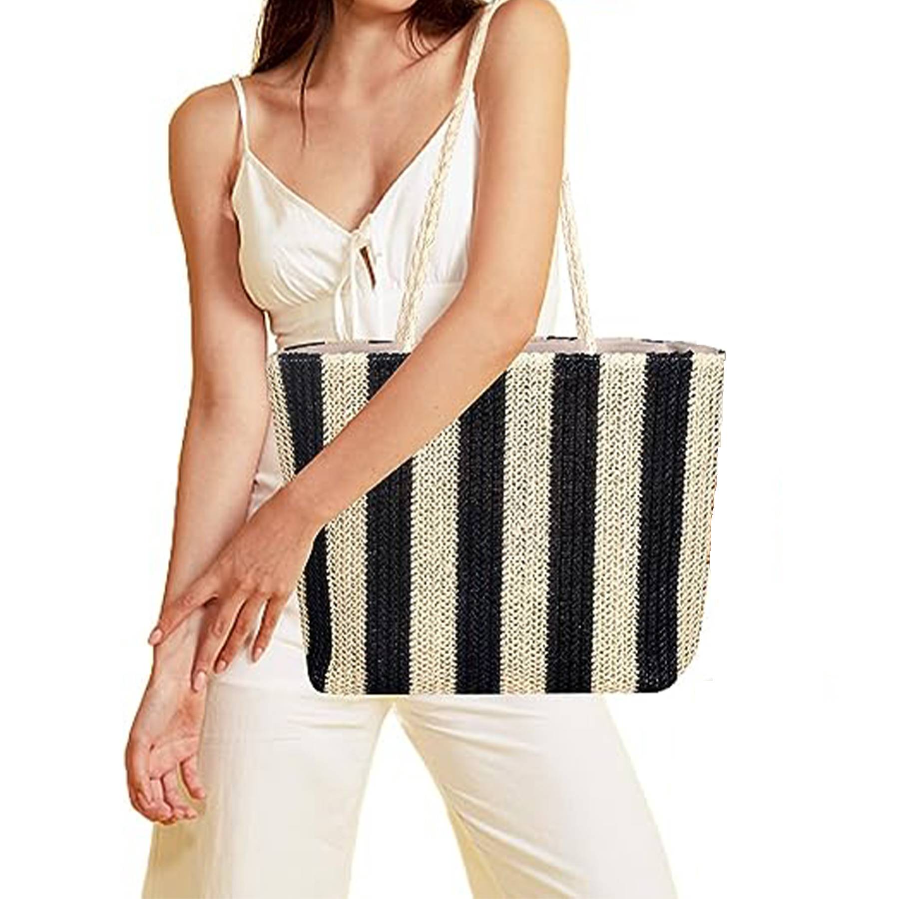 Women Beach Straw Striped Tote Bag 7