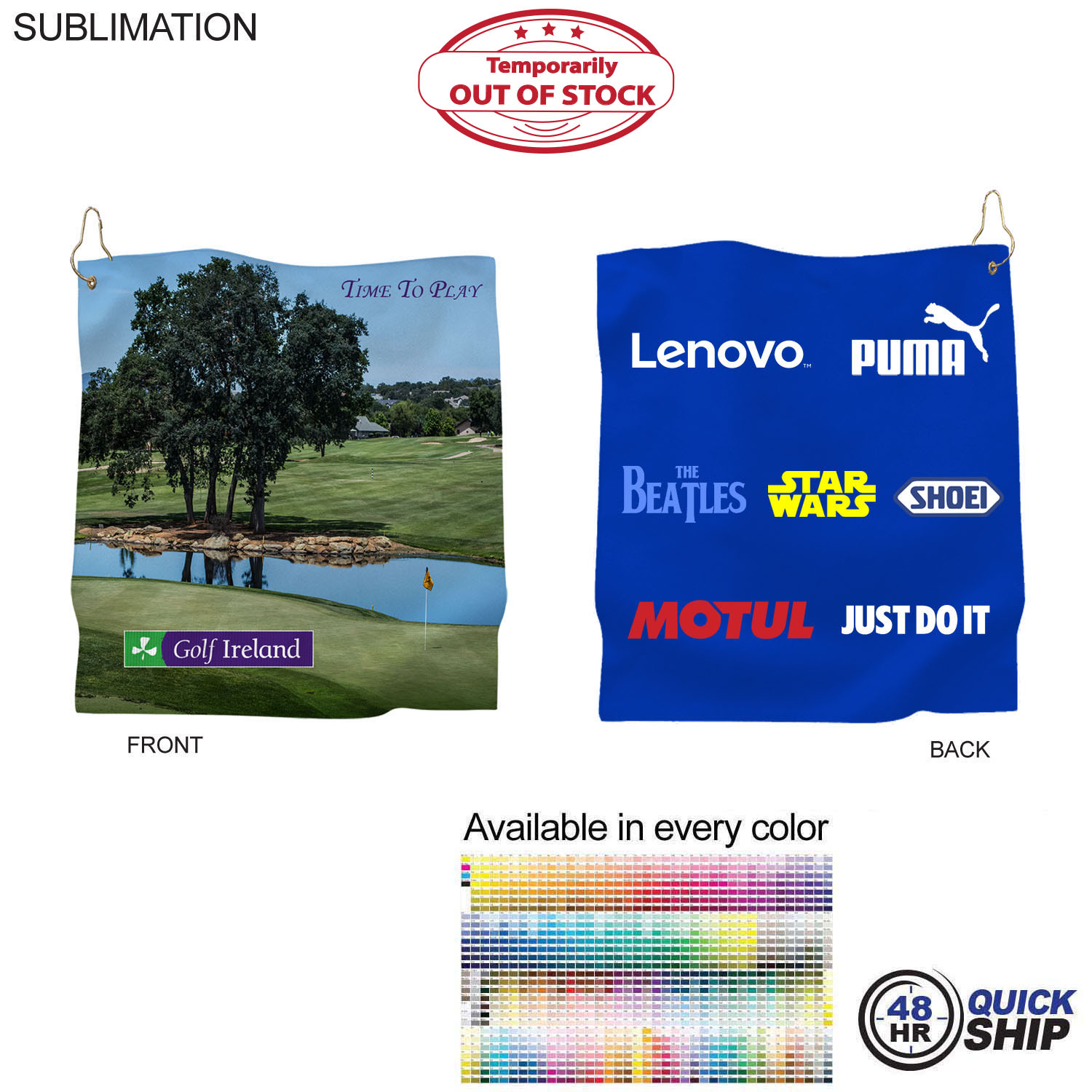 48Hr Quick Ship - Microfiber Suede Shammy Golf Towel, NoFold,Finish size 15x15, Sublimated 2 sides 4