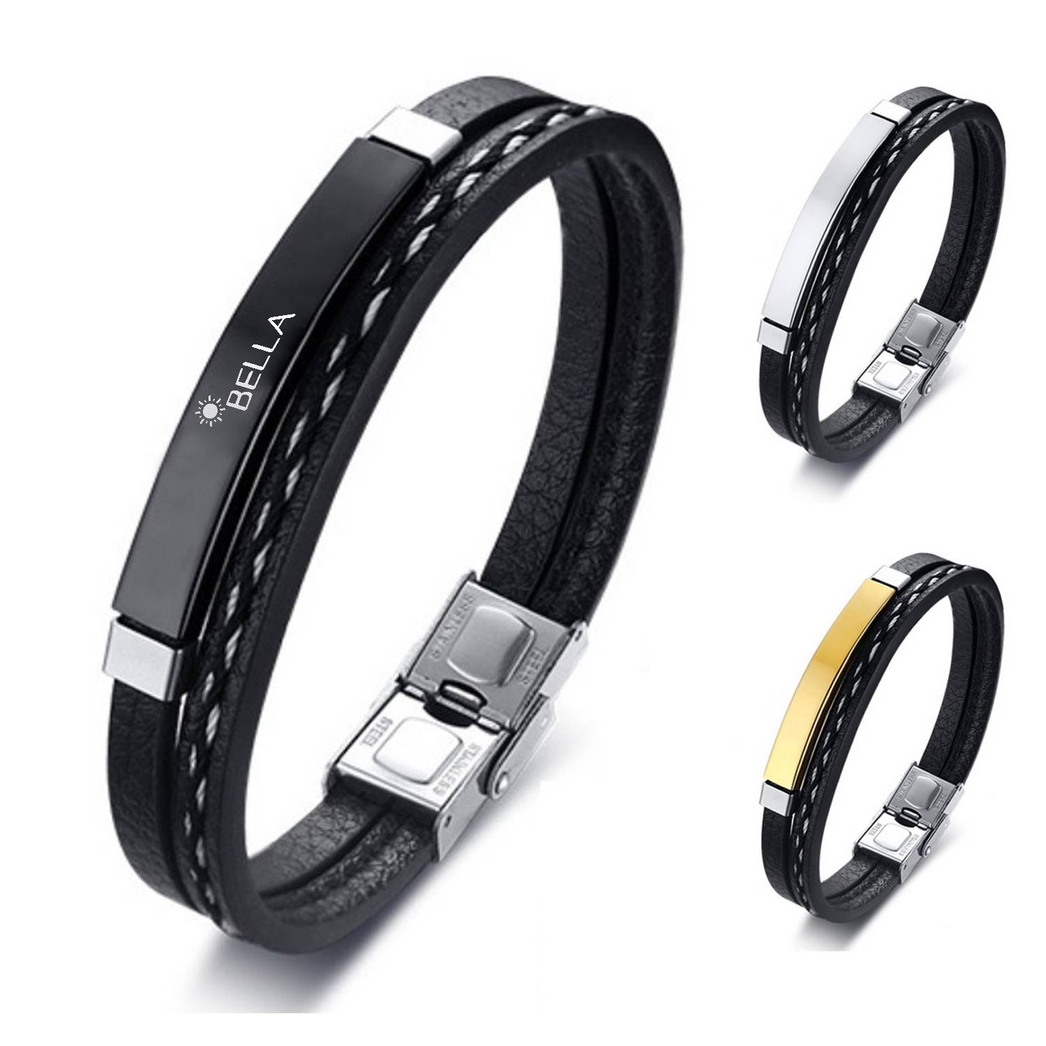Stainless Steel Curved PU Leather Woven Bracelet 2