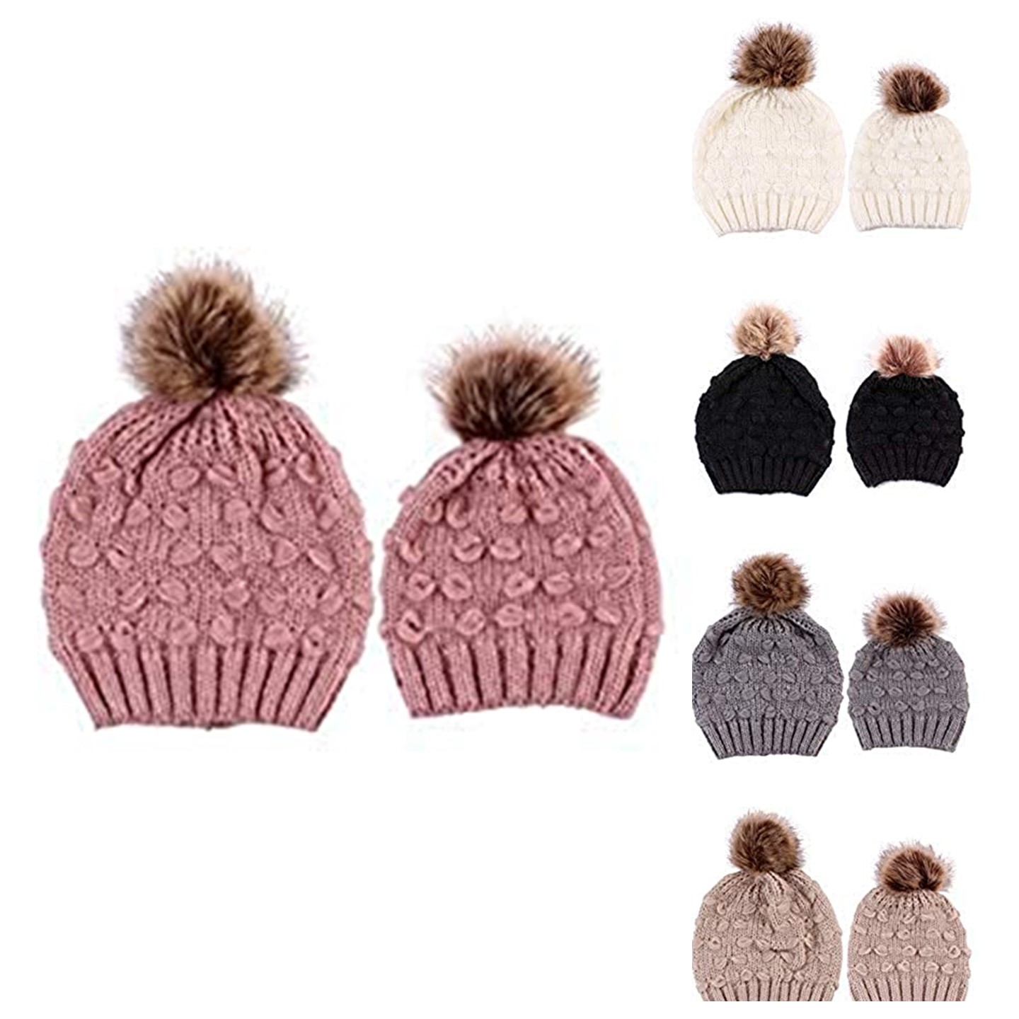 2PC Parent Kid Matching Beanie with Pom-pom 3