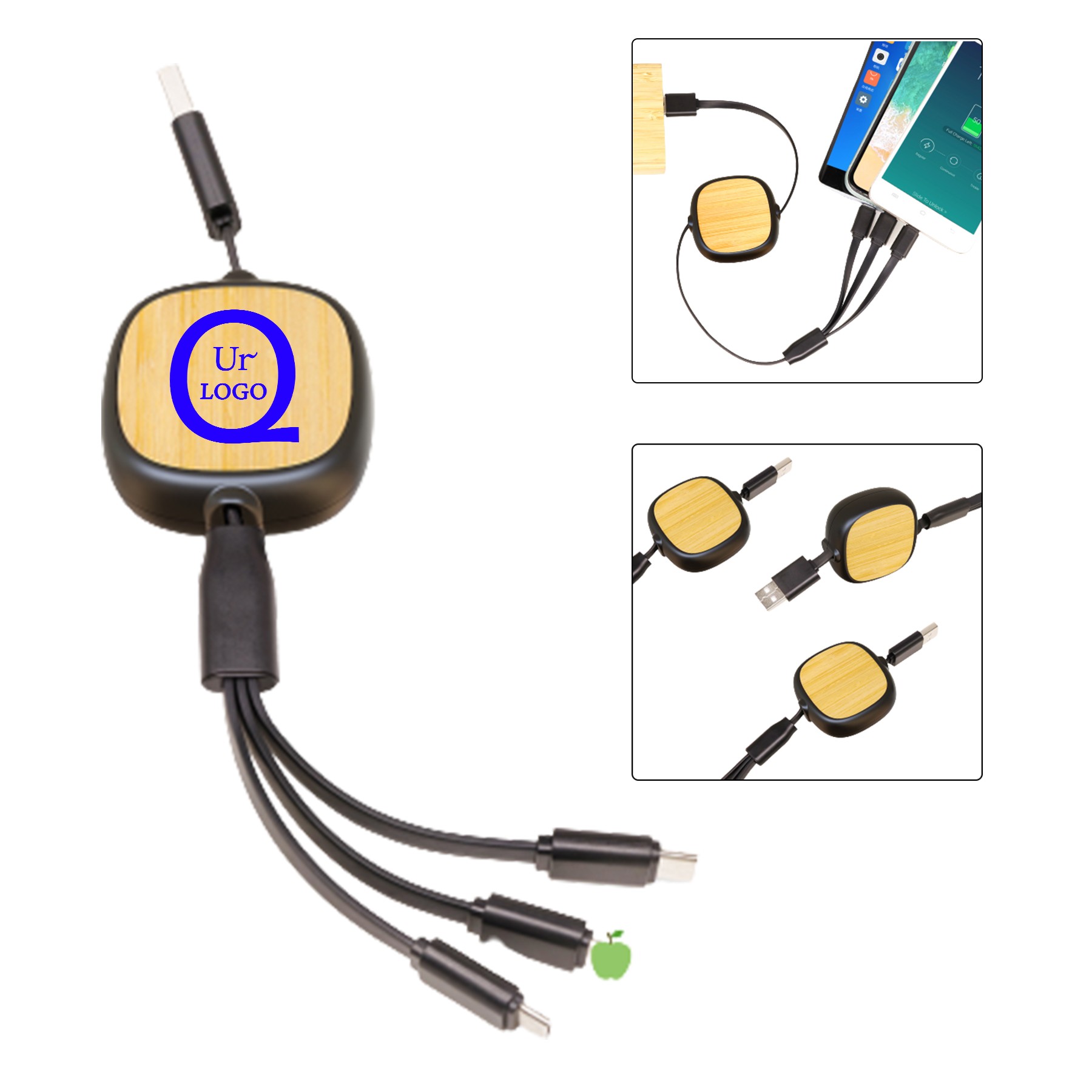 39.37 Inch Bamboo 3 In 1 Retractable Charging Cable
