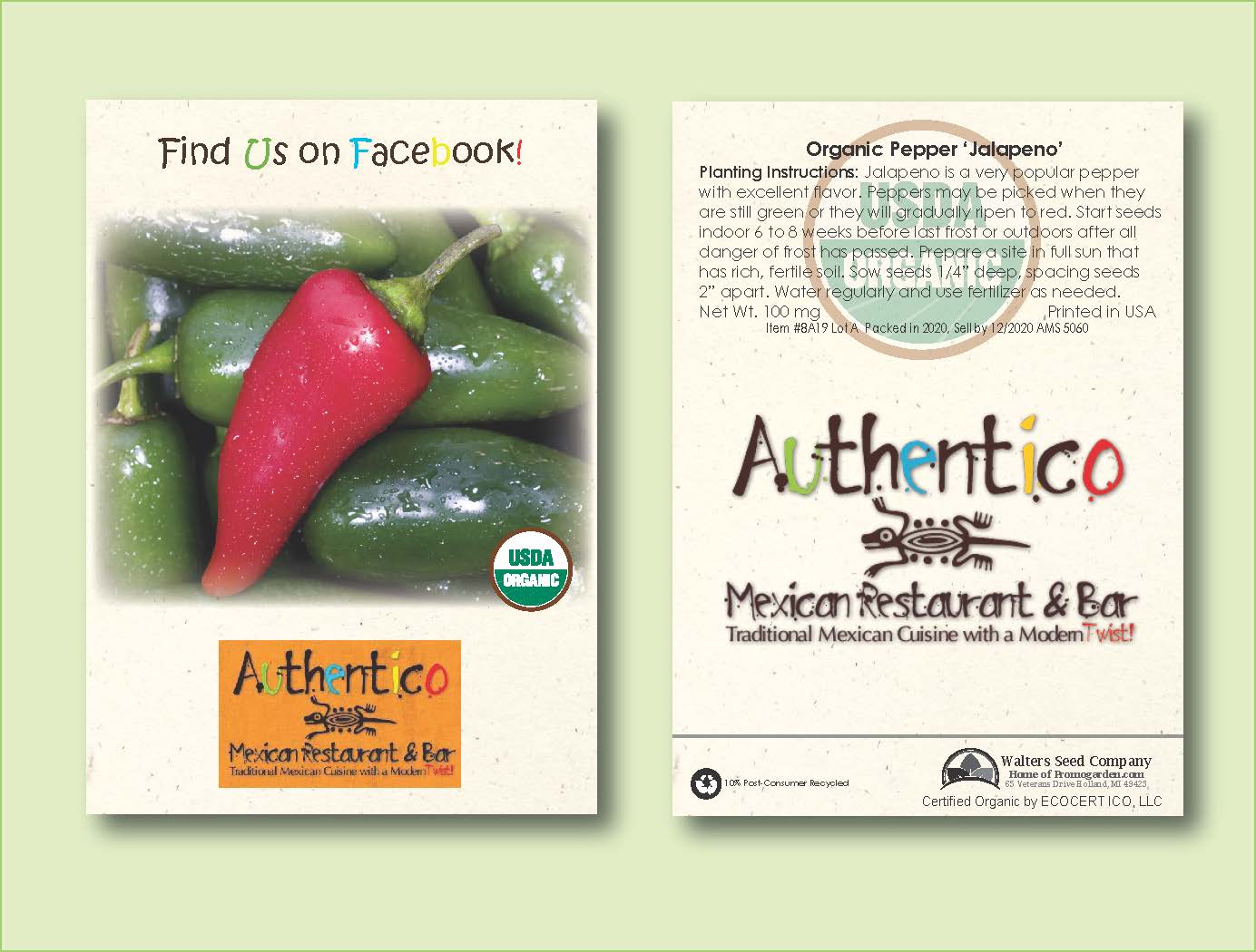 Organic Jalapeno Pepper Seed Packet - Standard Size 3.25" x 4.5" 1