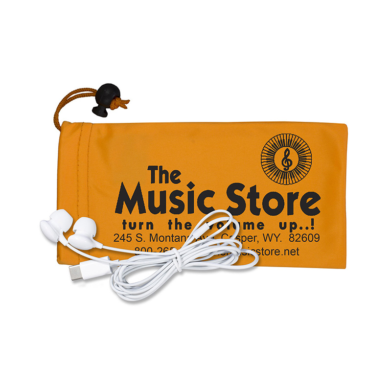 Mobile Tech Earbud Kit in Microfiber Cinch Pouch Components inserted into Microfiber Pouch 9