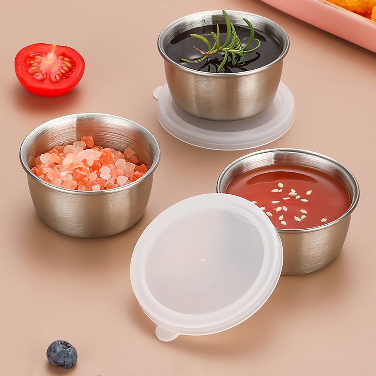 2Oz Stainless Steel Sauce Cup W/ Plastic Lid 6