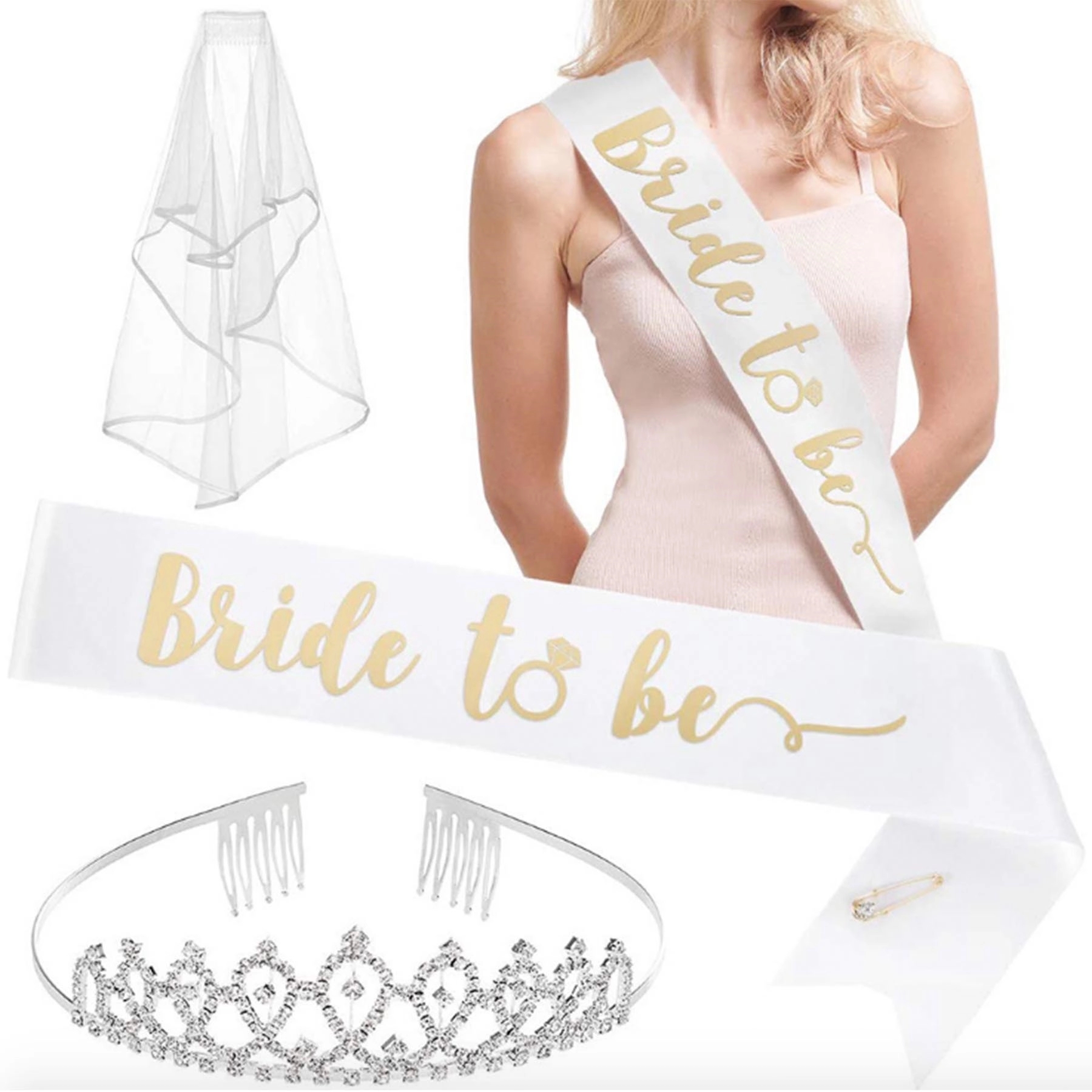 Bride Headband with Veil and Glitter Sash 2