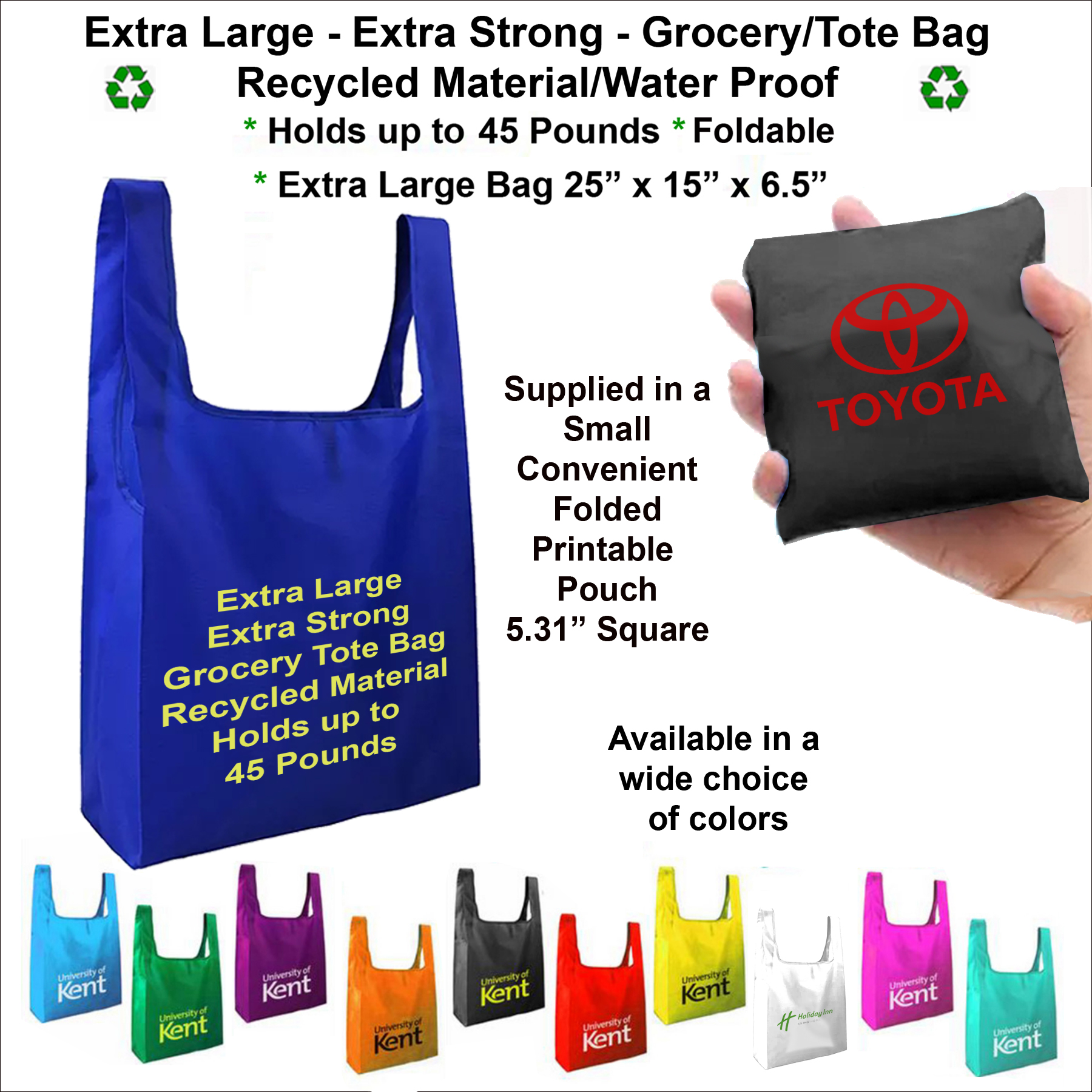 Extra Large, Extra Strong Grocery/Tote Bag - Holds up to 45 Pounds, Recycled Material - Water Proof