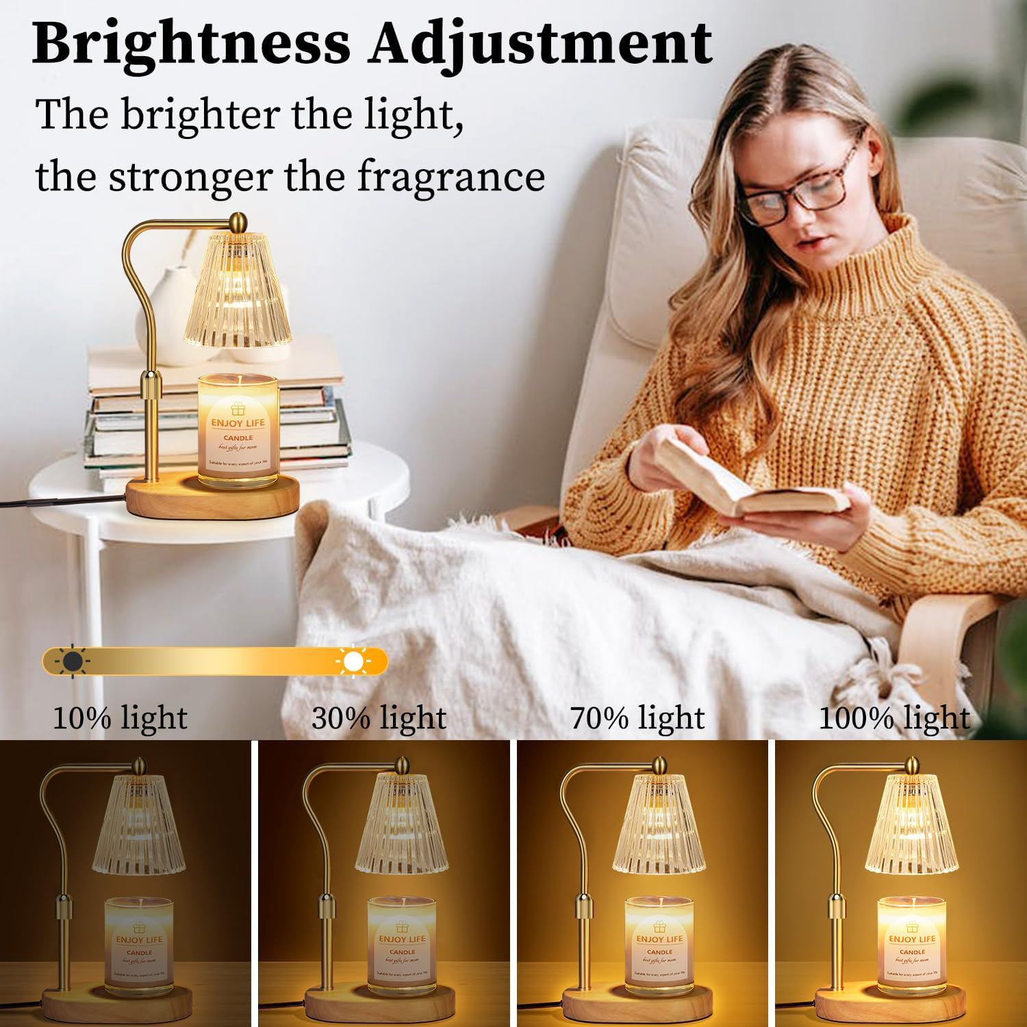 Adjustable Timer Dimmer Oak Wood Candle Warmer Lamp 9