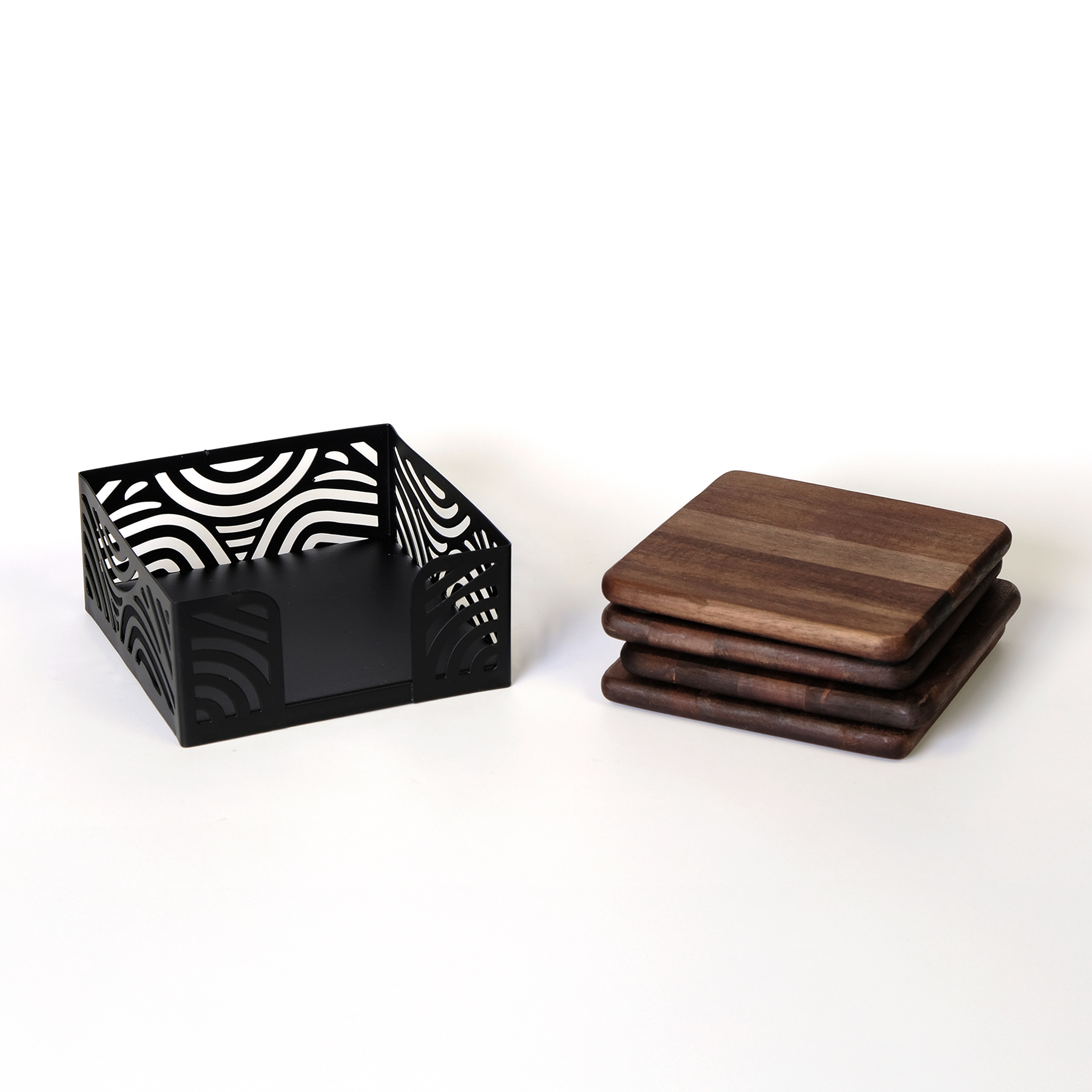 4 Pc. Acacia Wood Square Coaster Set with Black Metal Stand 9
