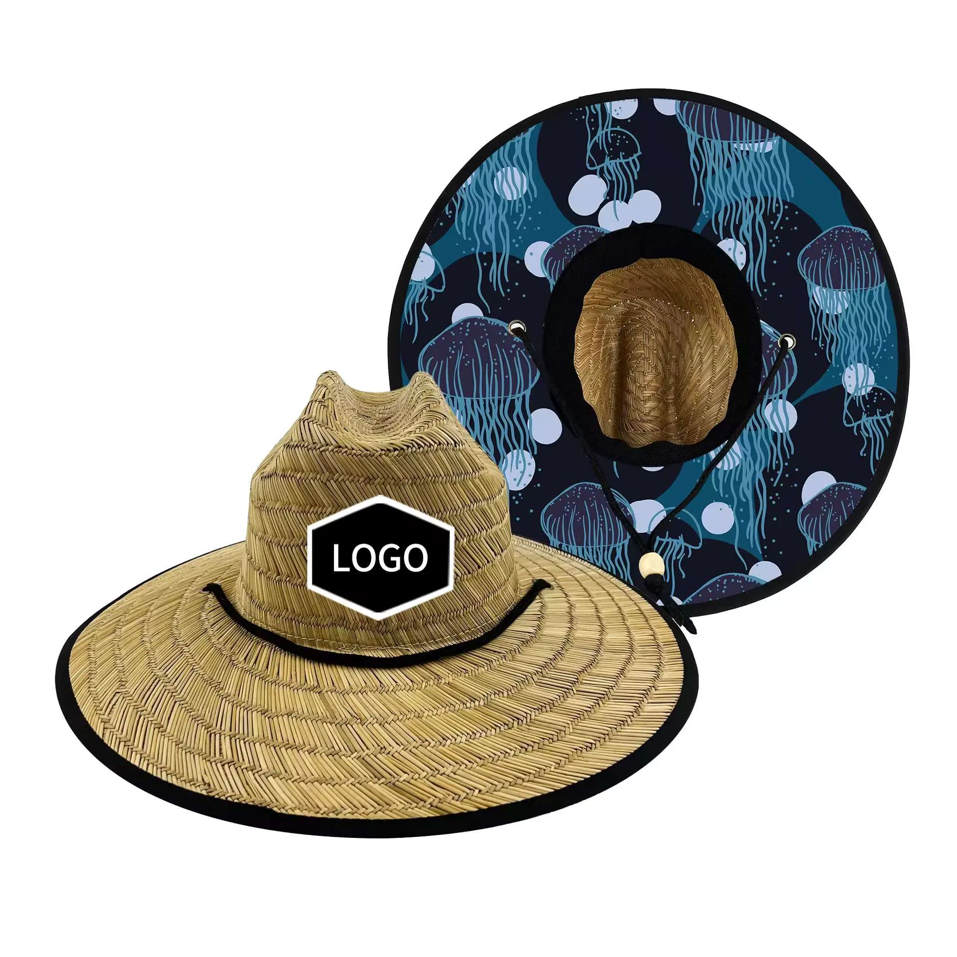Wide Brim Straw Lifeguard Hat Full Color Patch & Underneath 7