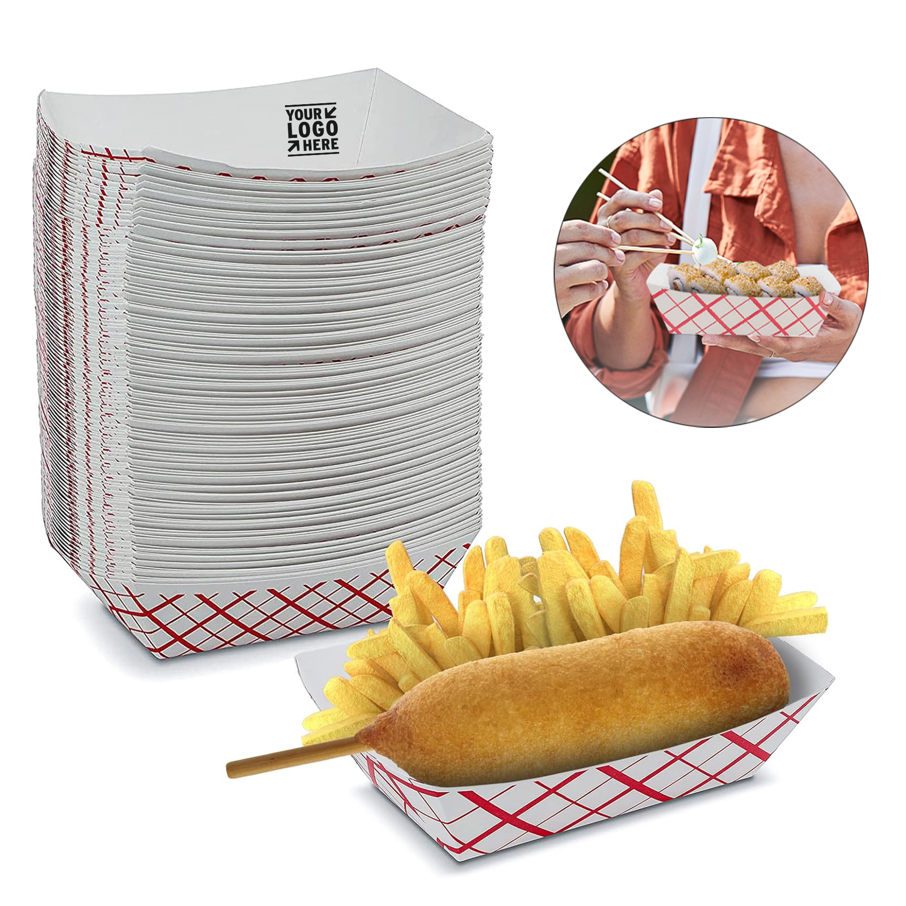 3.6"x 5.2"x 1.1" 2 lb Disposable Red and White Boat Paper Food Tray 2