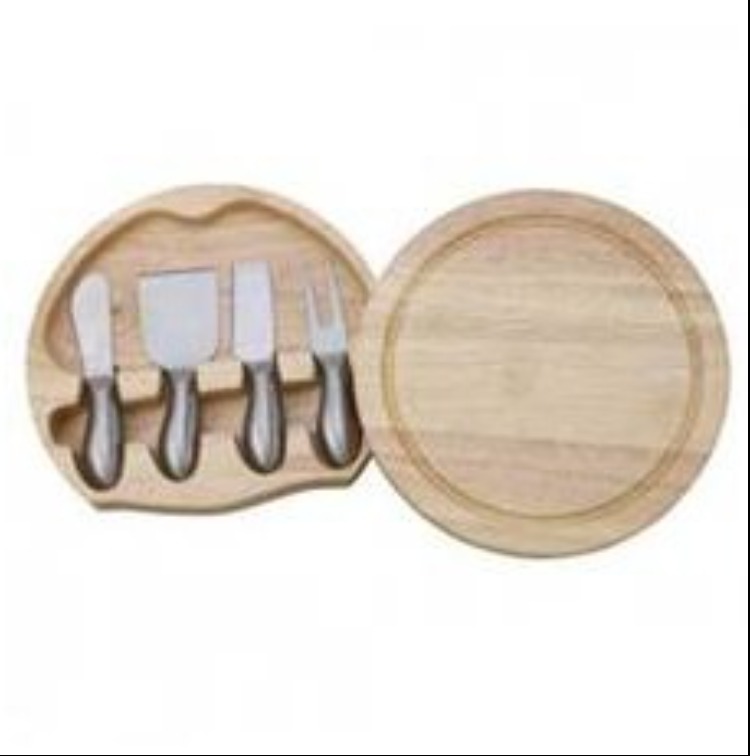 Round Wood Cheese Board w/ 4 Piece Metal Handle Utensils 2