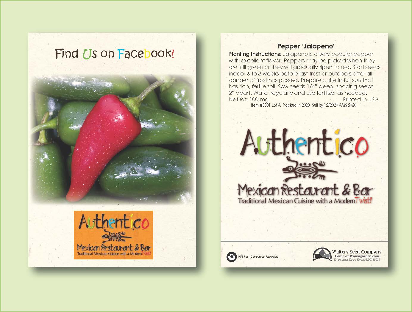 Jalapeno Pepper Seed Packet - Size 3.25" x 4.5" 1
