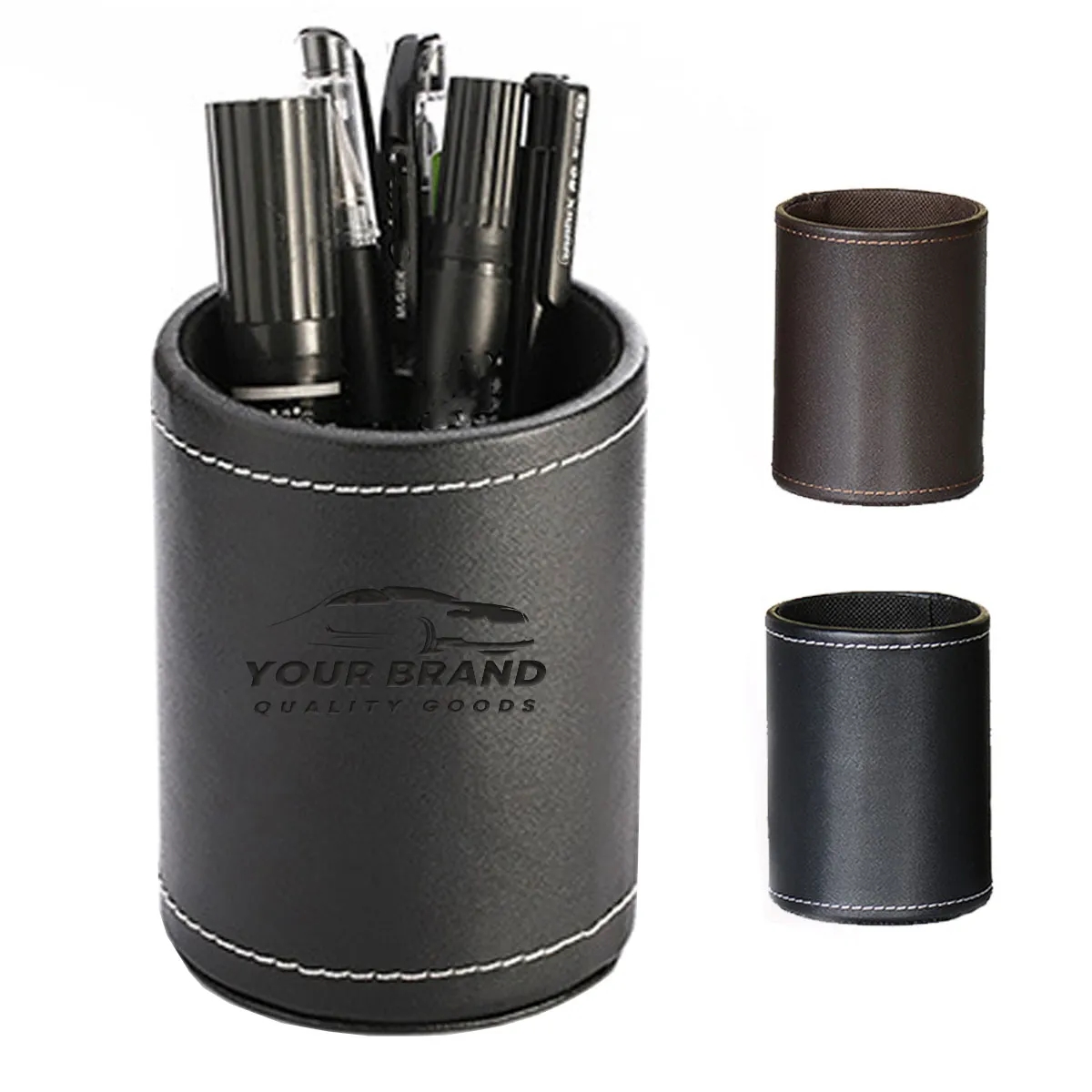 PU Leather Round Pen &Pencil Stationery Stand Desk Organizer 2