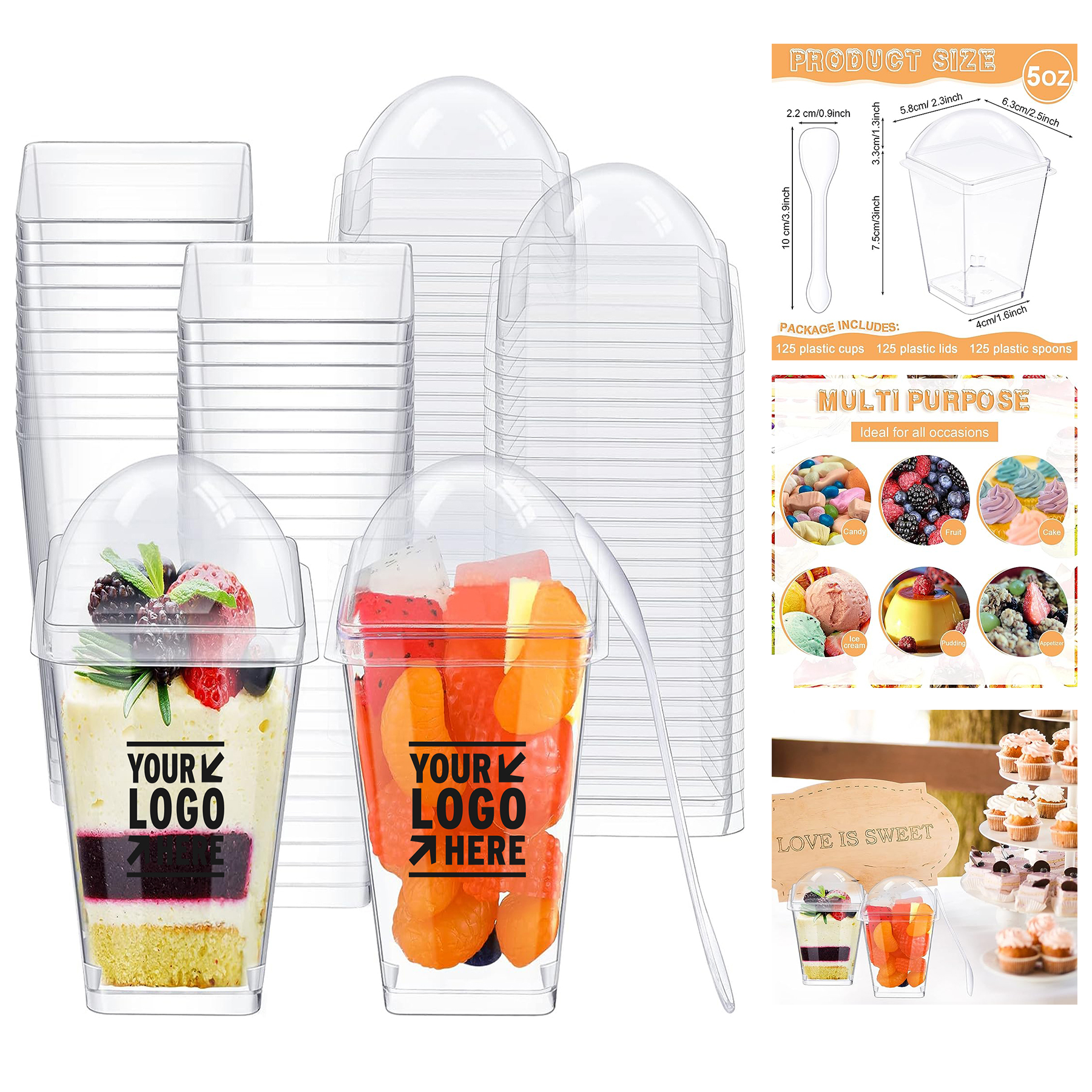 5 OZ Clear Plastic Mini Disposable Square Dessert Cup With Lid Tasting Spoon