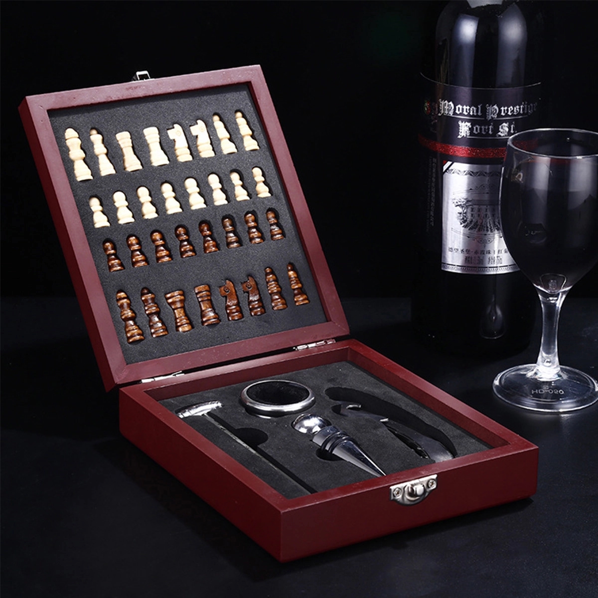 Custom Wooden Box Wine Accessories With Chess Set 4