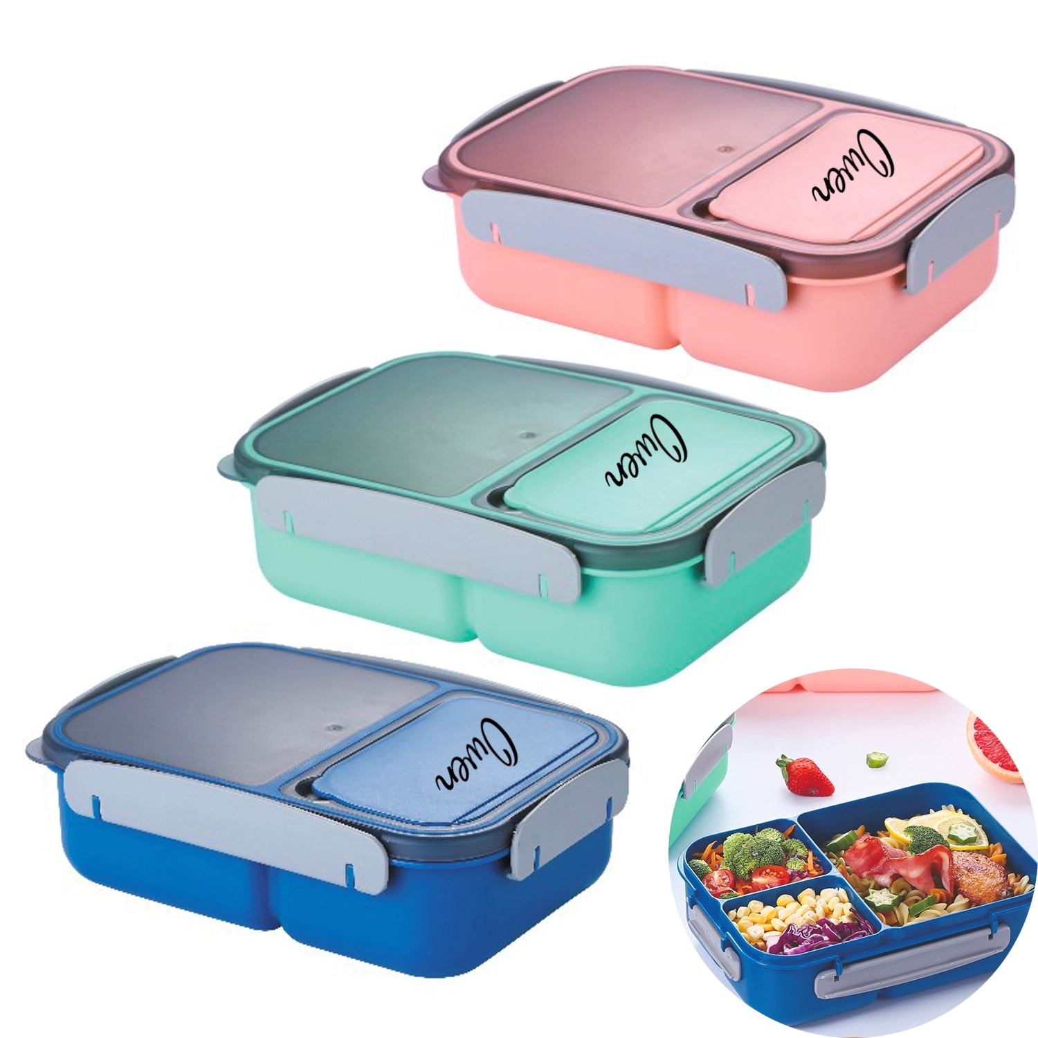 Three Compartment Locks Sealed Portable Lunch Box 2