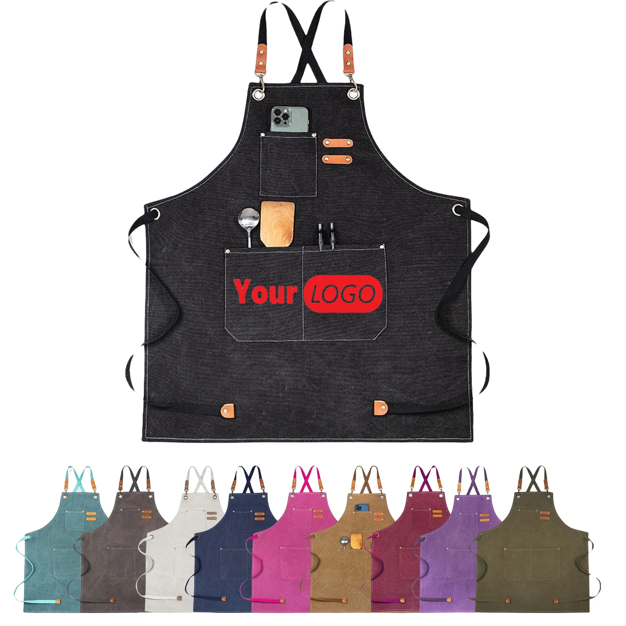 MOQ 20 Cross Back Strap Washed Cotton Canva Chef Grill Apron 5