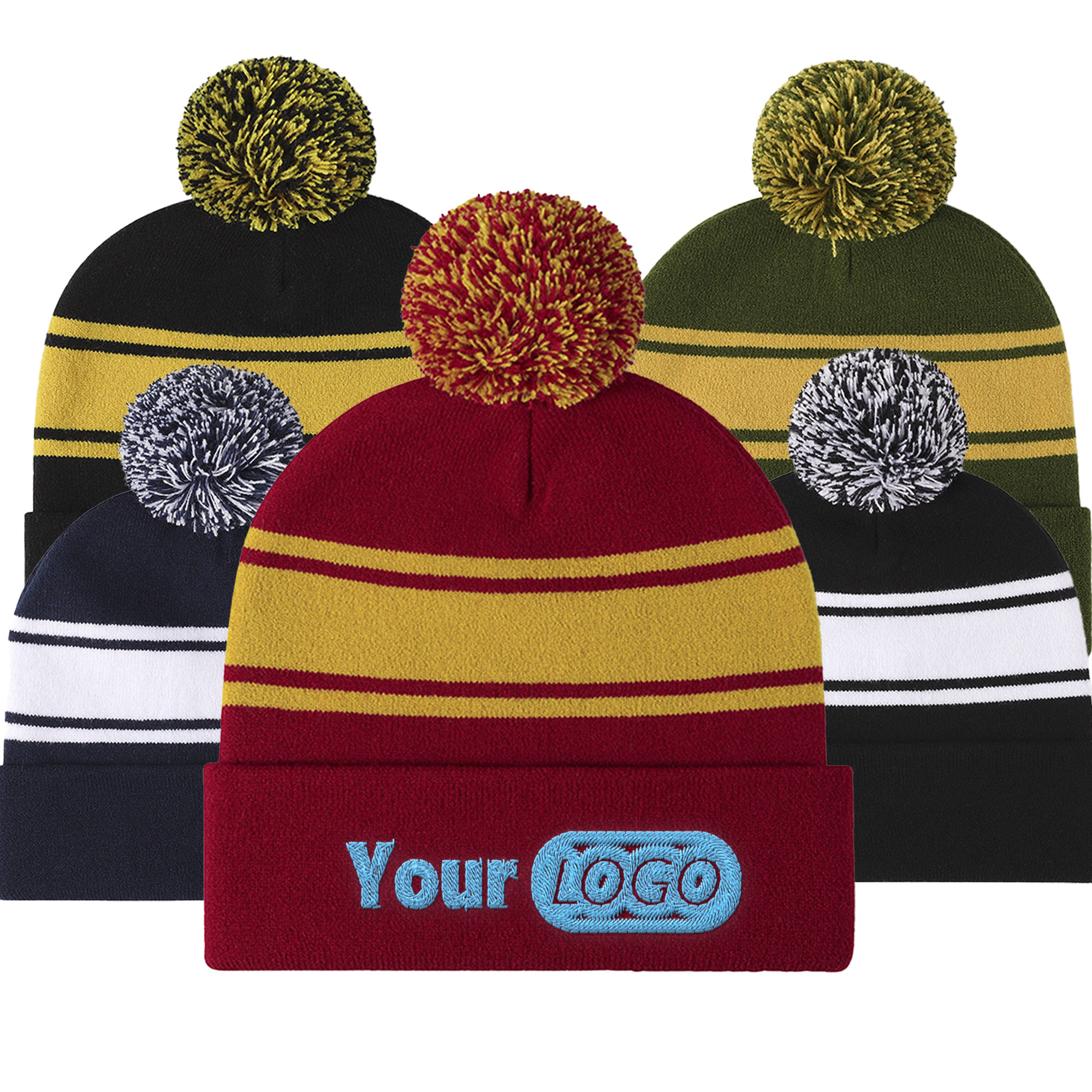 Two-Tone Knit Pom Beanie With Cuff-Embroidered 2