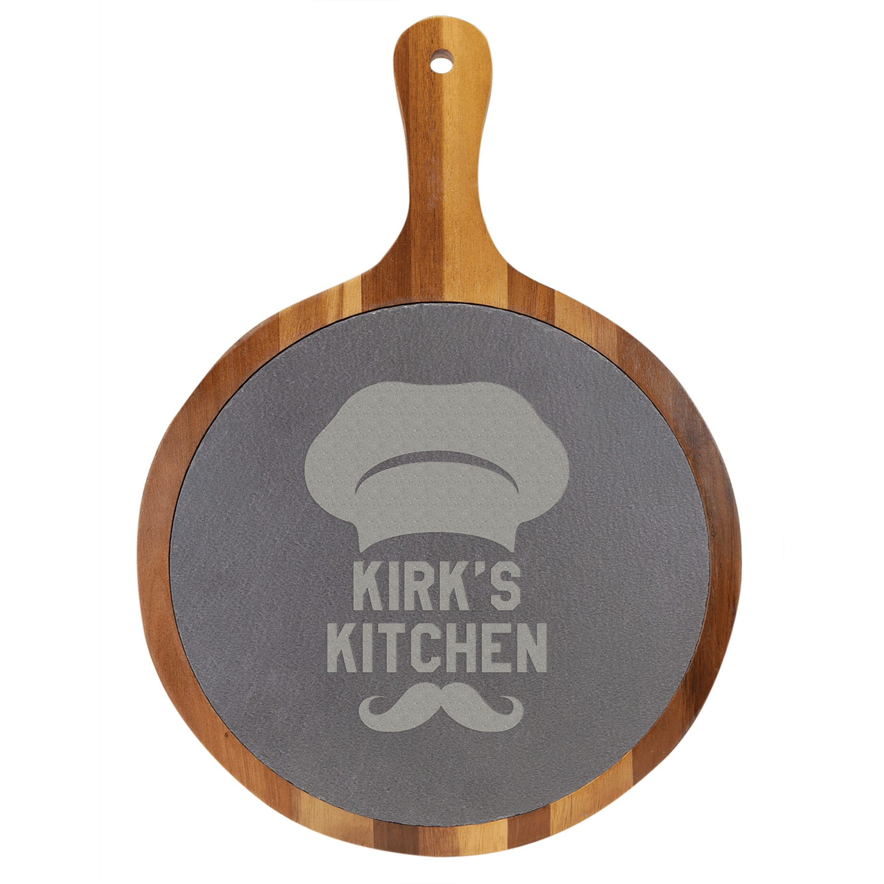 10 1/2" x 14 1/2" Round Acacia Wood/Slate Serving Board with Handle 1