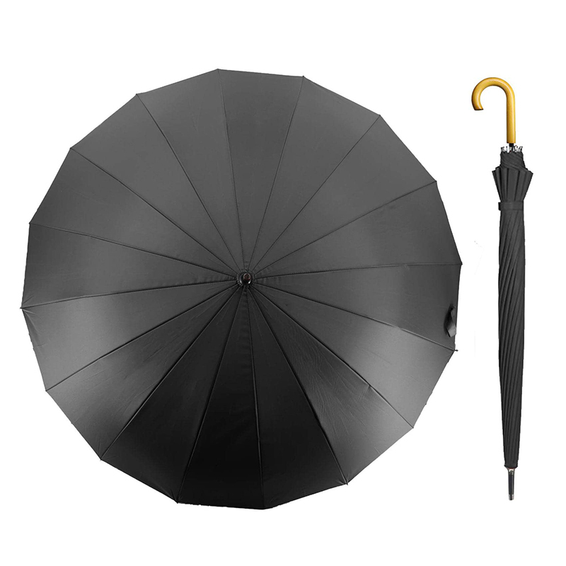 16 Ribs Auto Open Classic Wooden J Handle Cane Stick Golf Rain Umbrellas 8