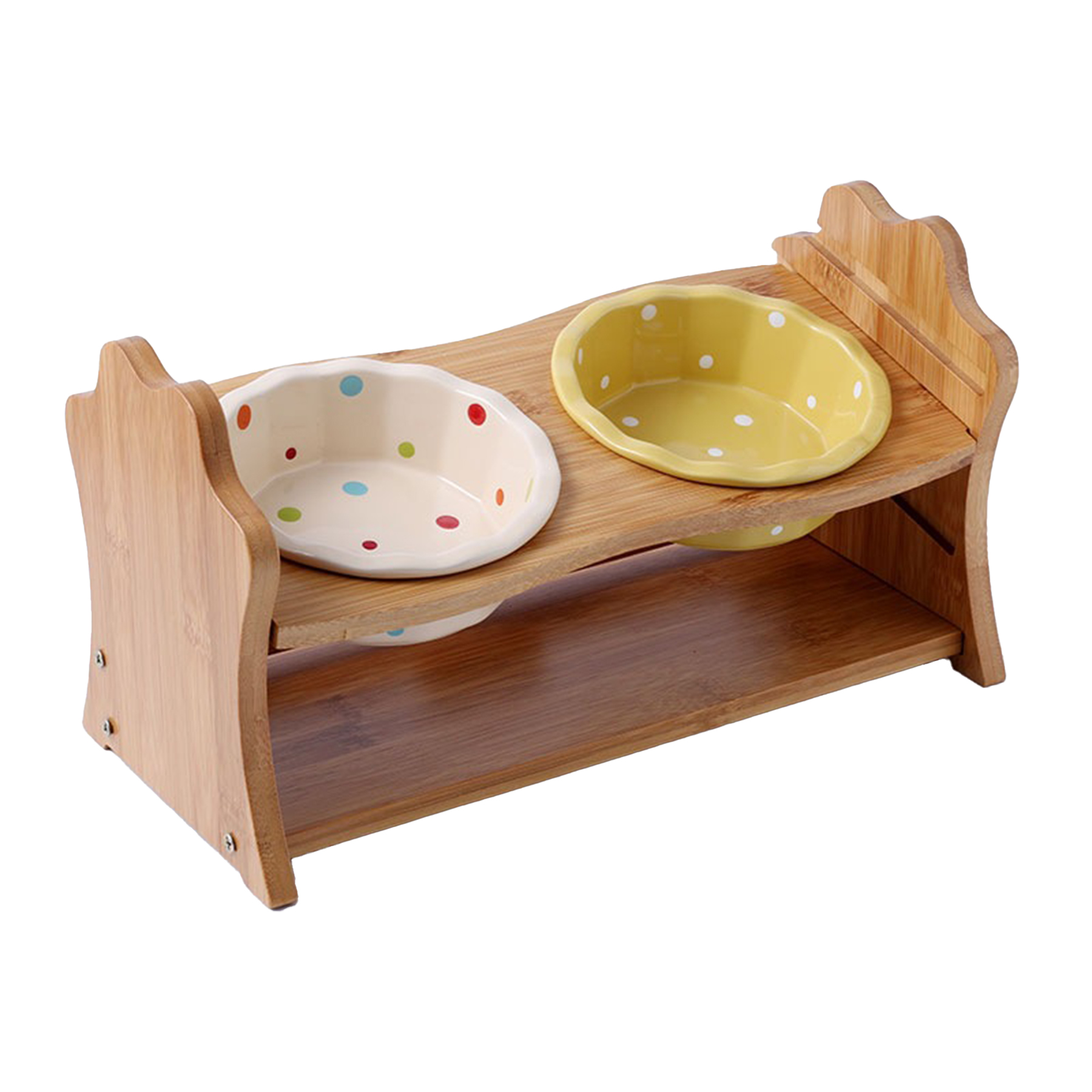 Ceramic Double Cat Bowl With Wooden Frame 2