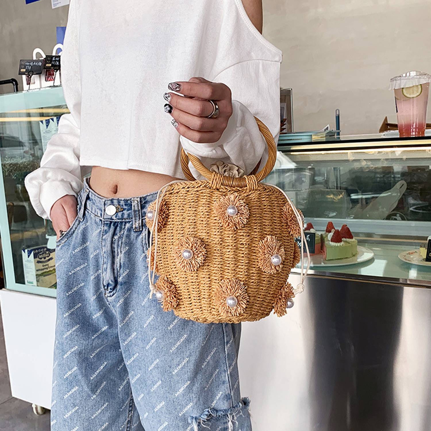 Women Woven Pearl Flower Bucket Tote Bag 2