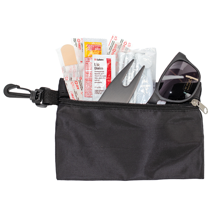 "CHIP 16" 16 Piece Golf Kit in Supersized Zipper Pack Components inserted into Zipper kit with Carab 17