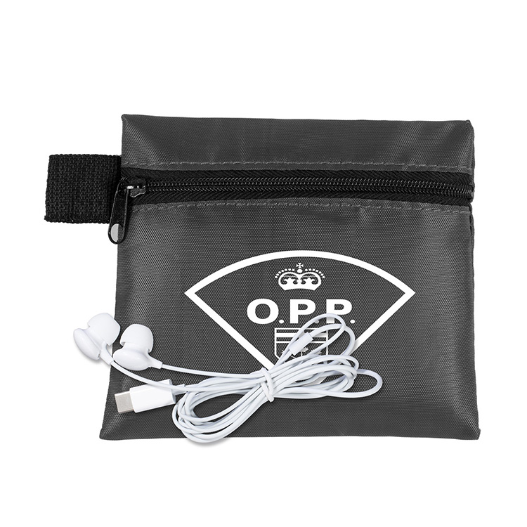 Mobile Tech Earbud Kit In Zipper Pouch Components inserted into Polyester Zipper Pouch 23