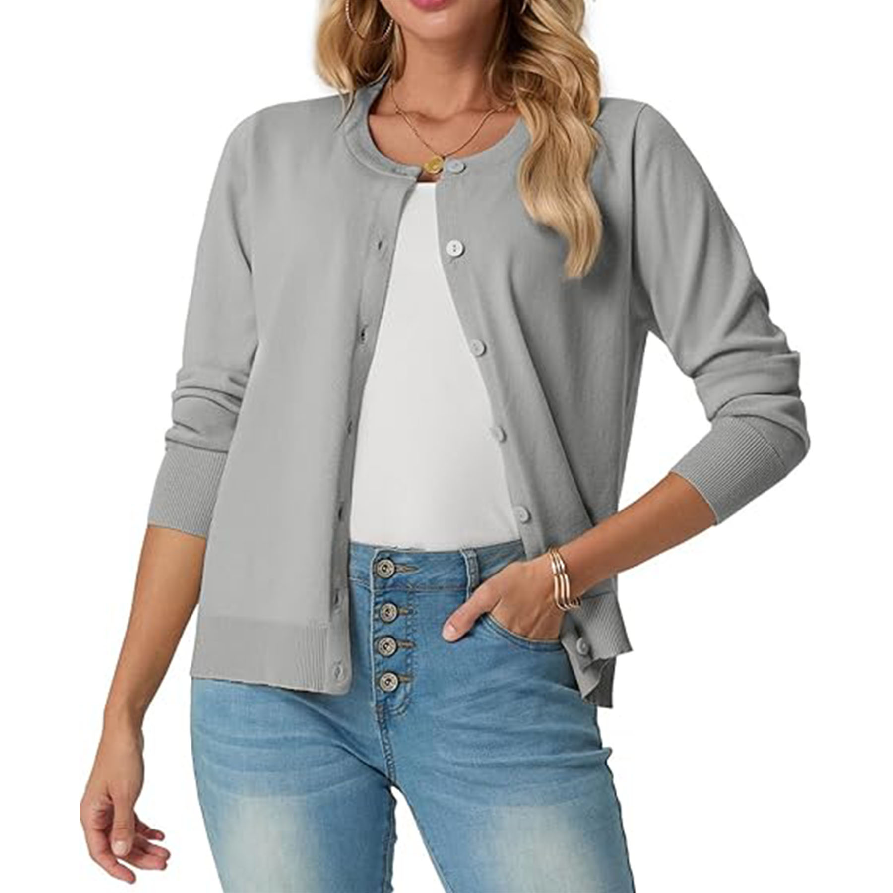 Women's Long Sleeved Lightweight Round Neck Casual Cardigan 23