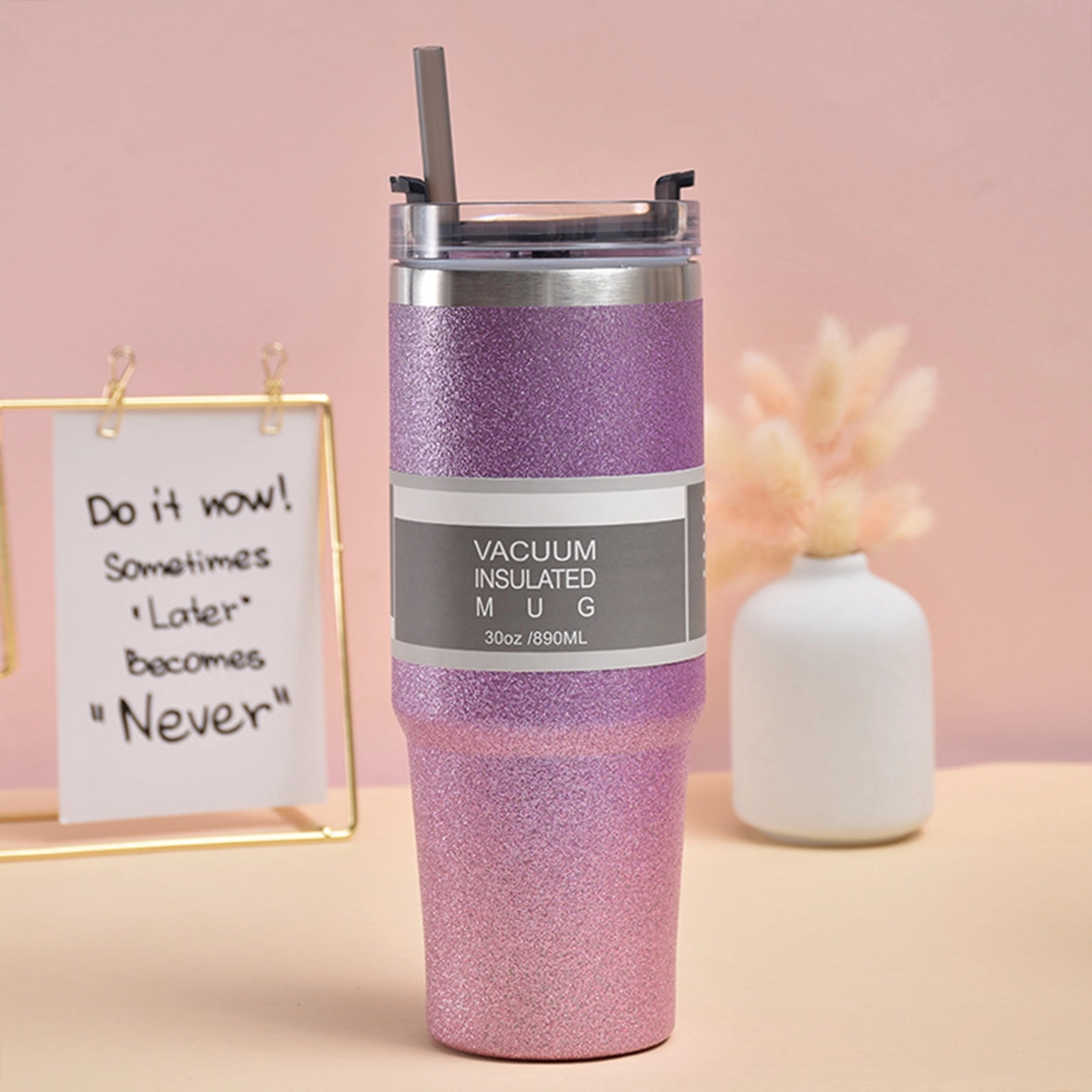 30oz Double Wall Glitter Coffee Tumbler with Straw & Lid 3