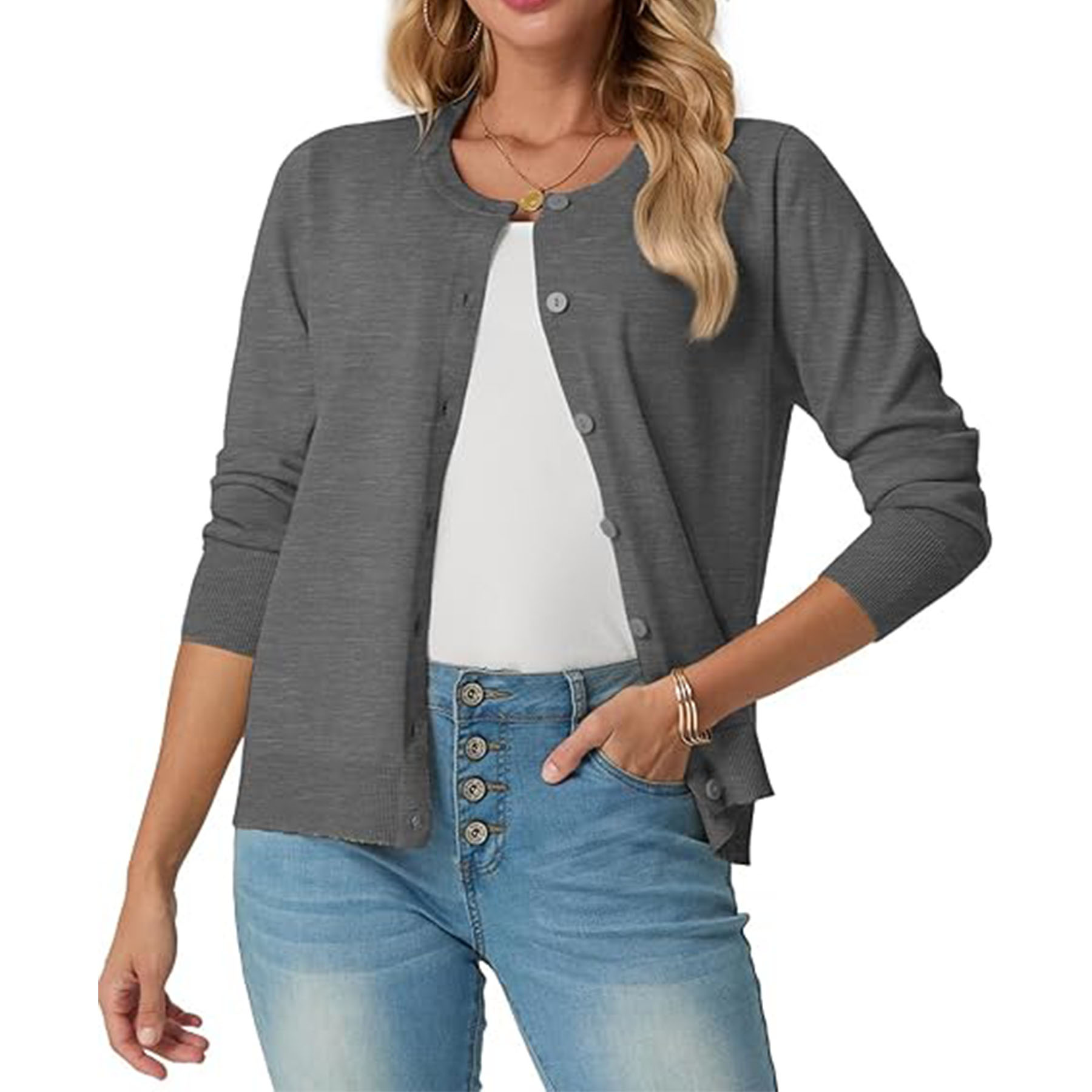 Women's Long Sleeved Lightweight Round Neck Casual Cardigan 12