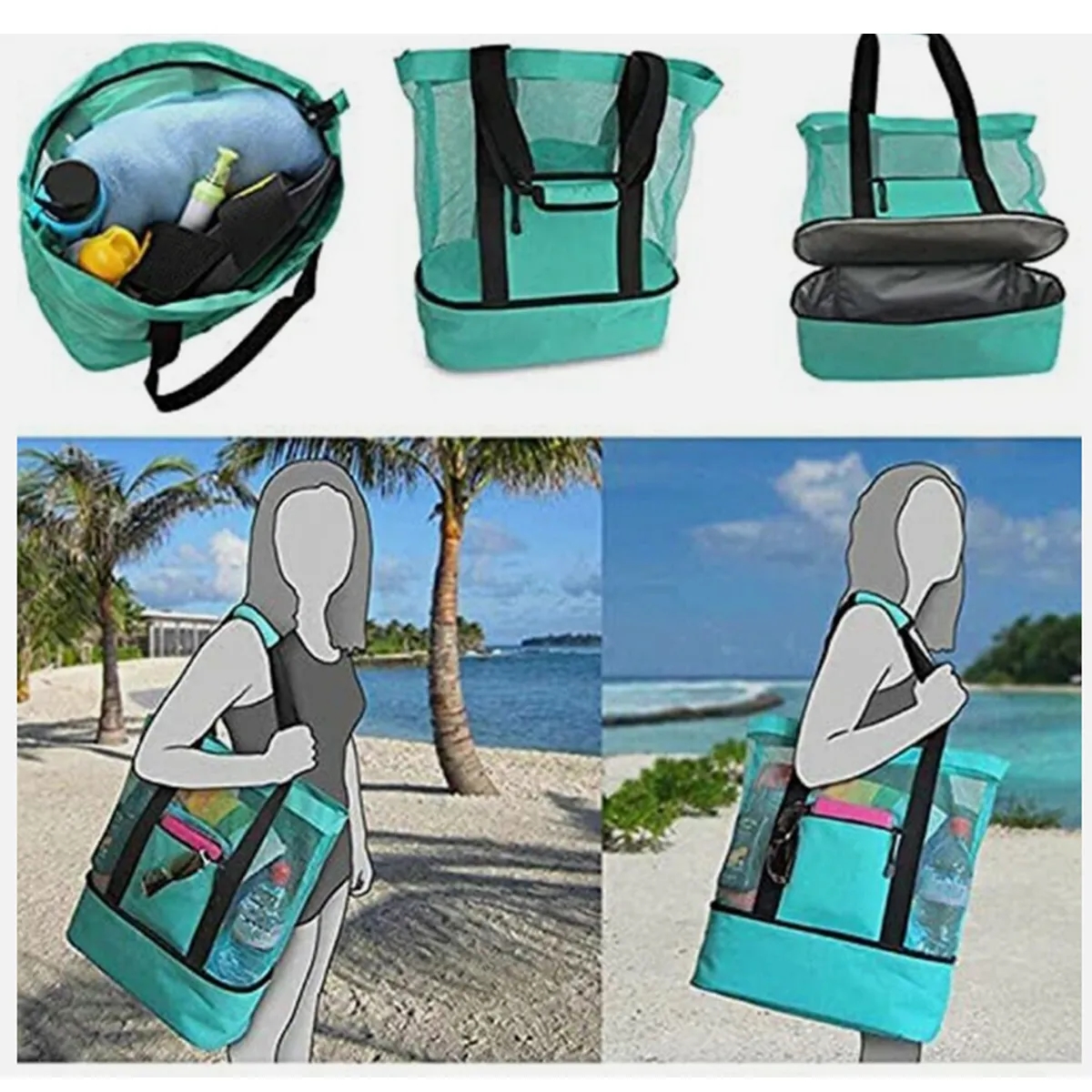 Mesh Beach Bag Picnic Tote Foldable Shopping Handbag 4