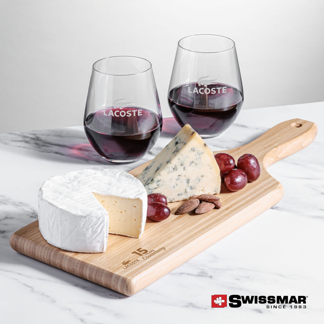 Swissmar® Bamboo Board & 2 Reina Stemless Wine 4