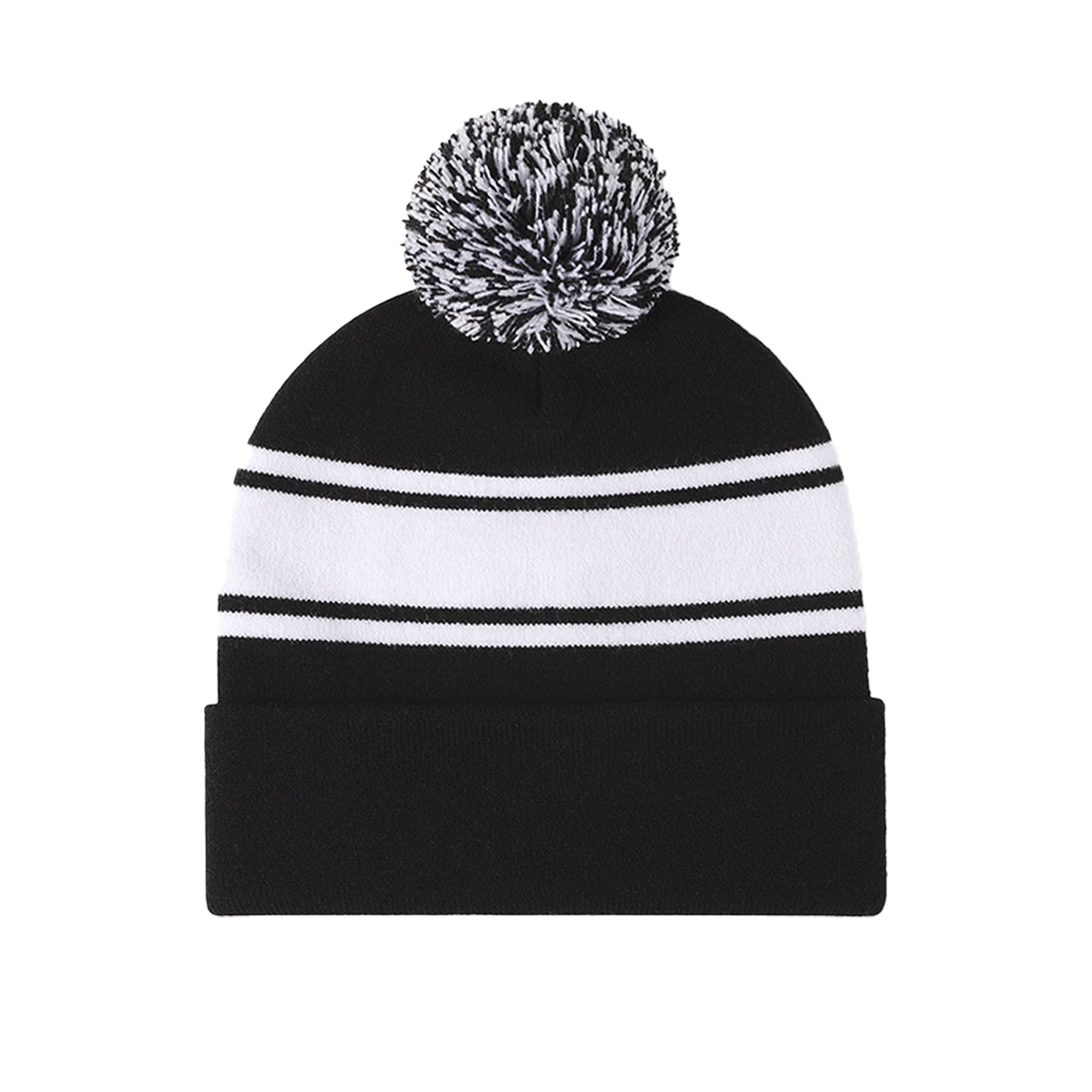 Two-Tone Knit Pom Beanie With Cuff-Embroidered 5
