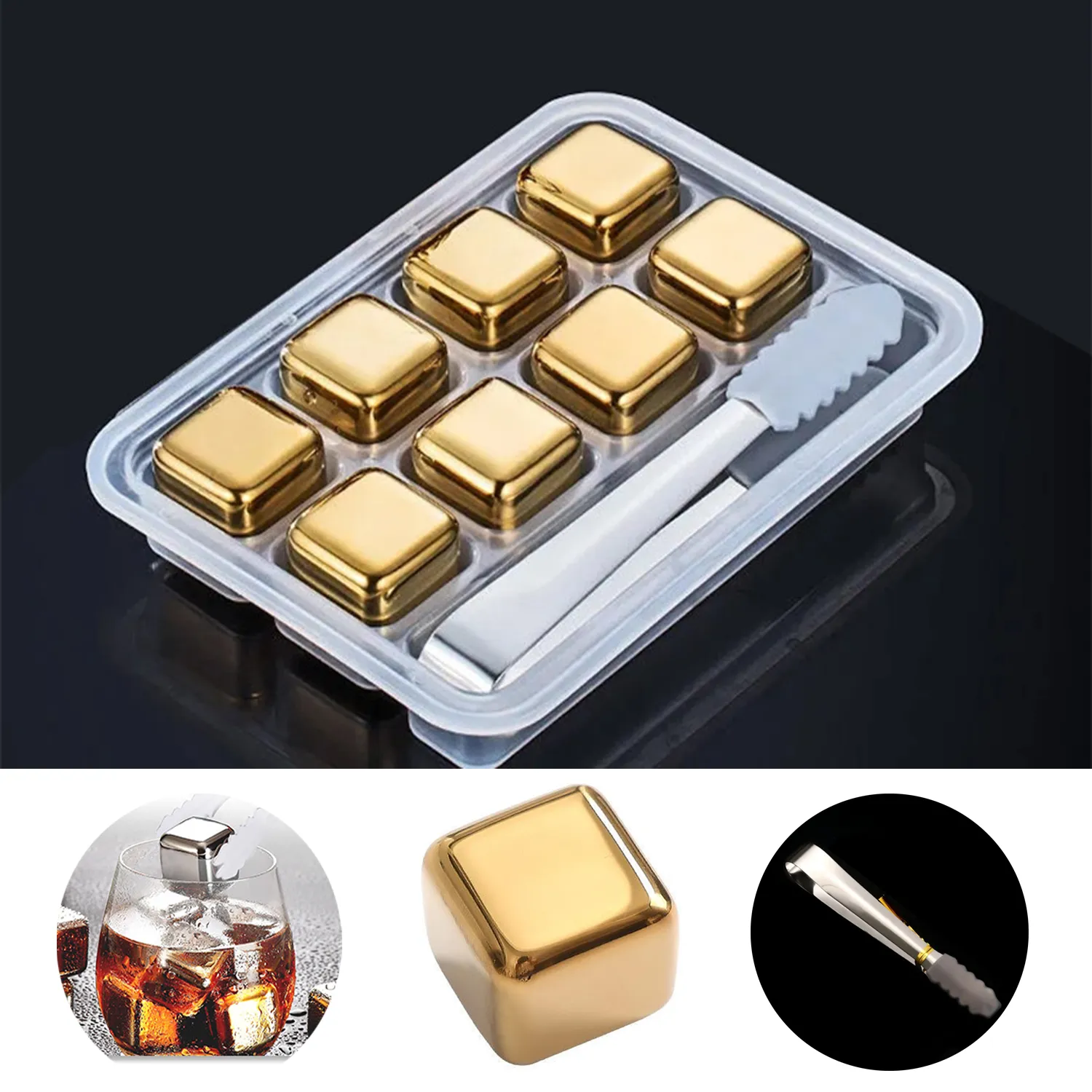 8 Packs Reusable Stainless Steel Gold Ice Cube 2