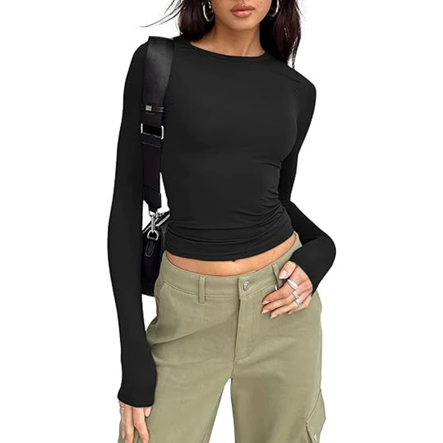 Women's Long Sleeved Shirt Basic Crop Top Tight Fit 12