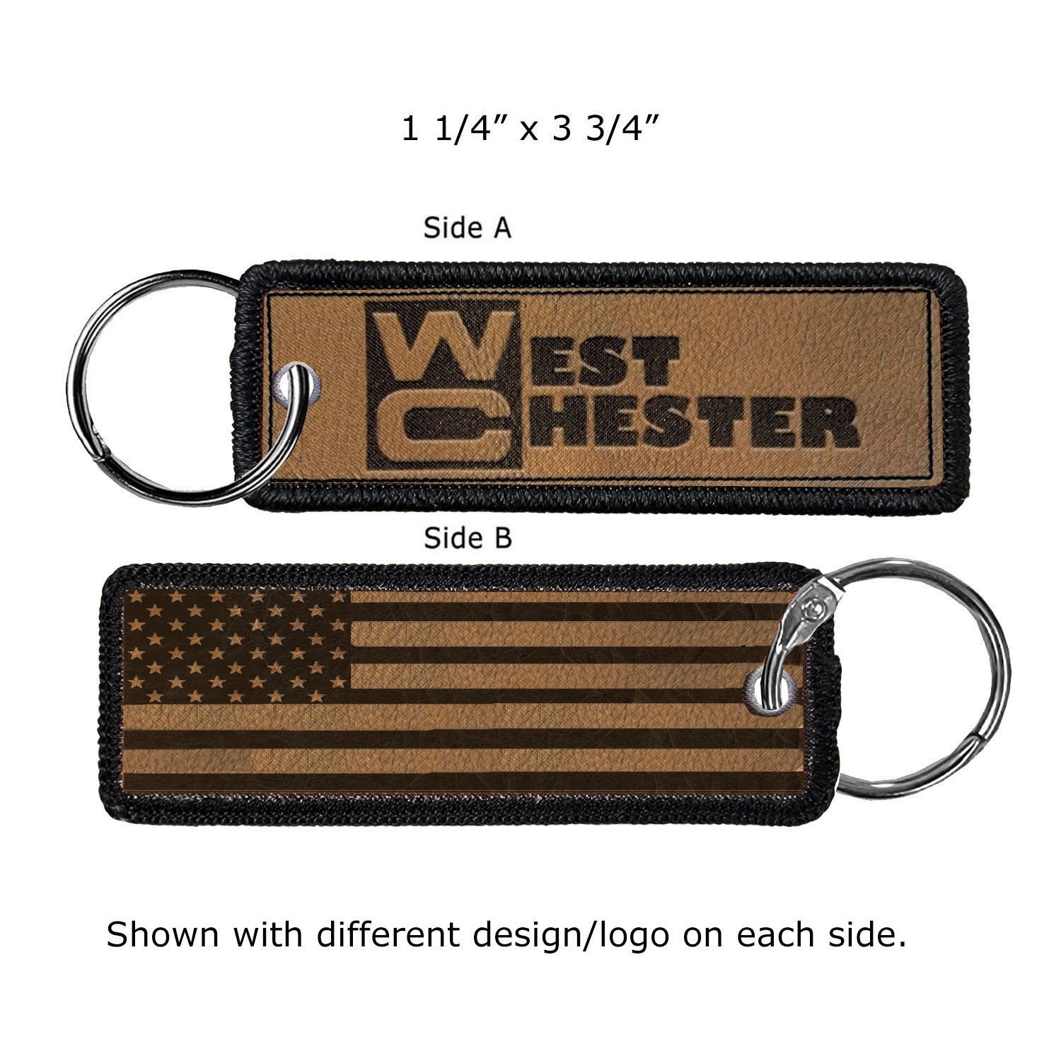 1" x 4" Two Sided Faux Leather Printed Medium Size Key Ring with Merrow Border 3