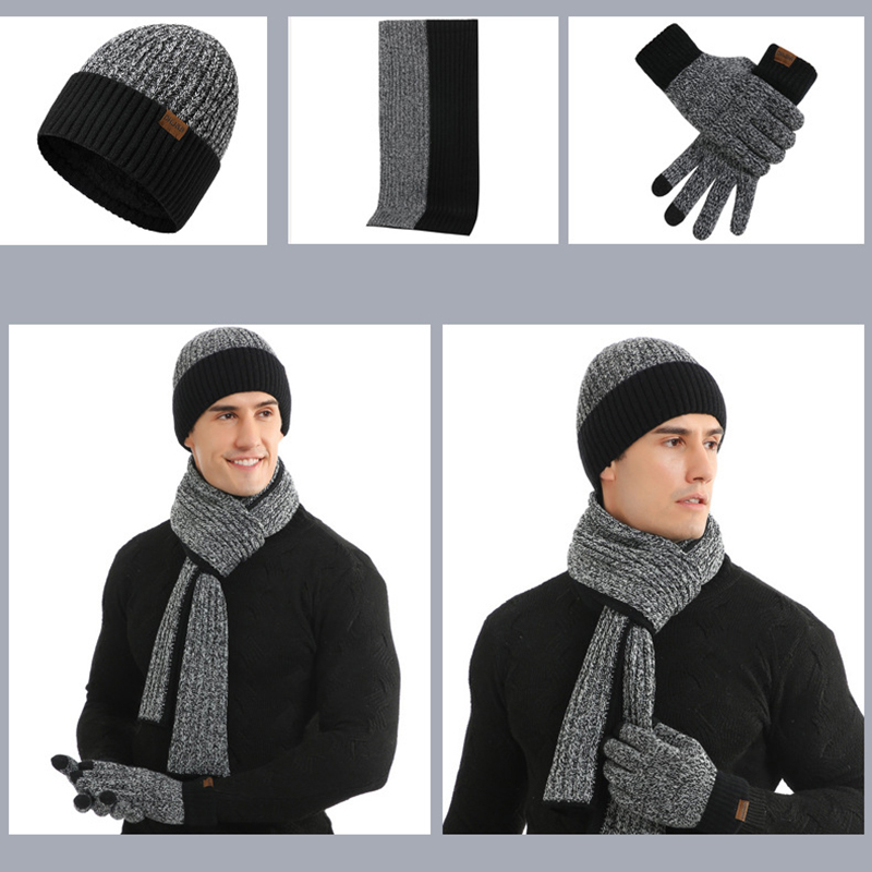 Unisex Winter Knitted Beanie Hat Scarf Touchscreen Gloves Set 4