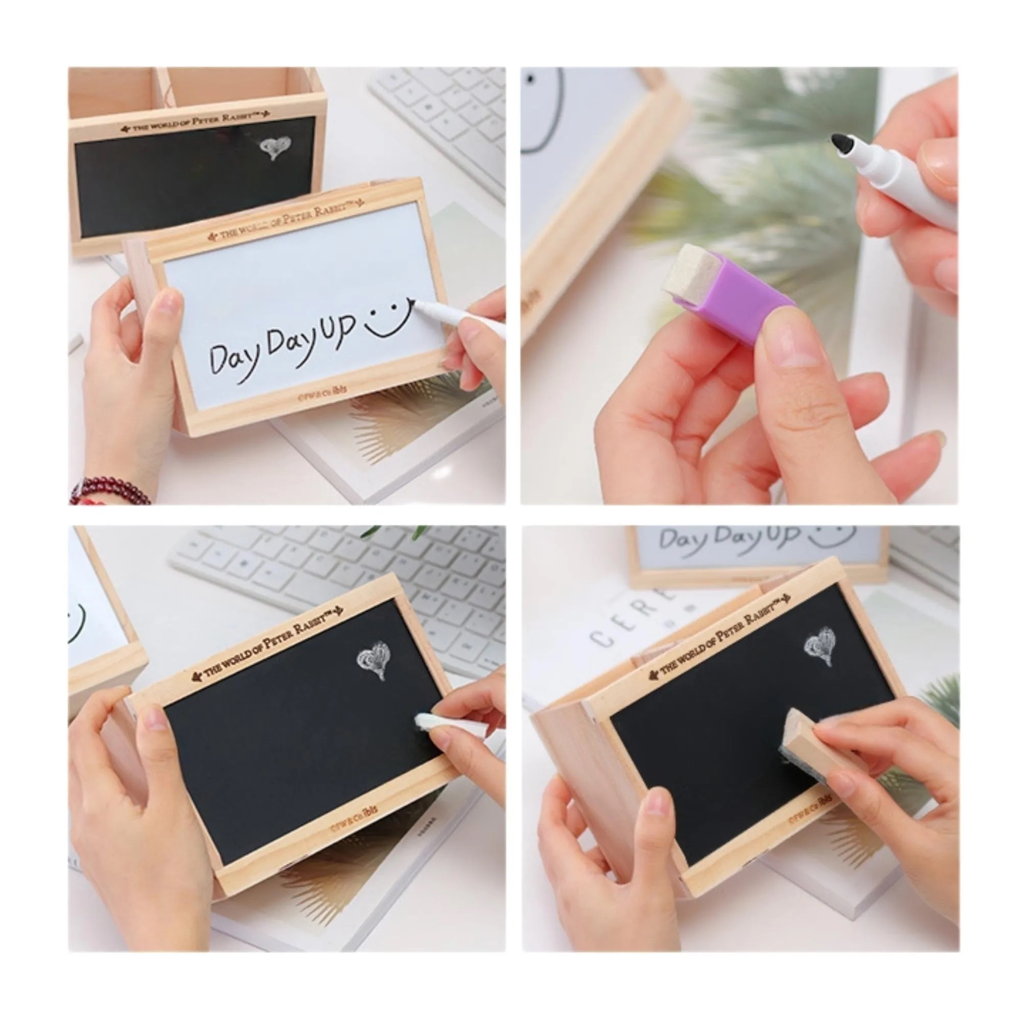 Writable  Wooden Pen Holder With Black And White Board 2