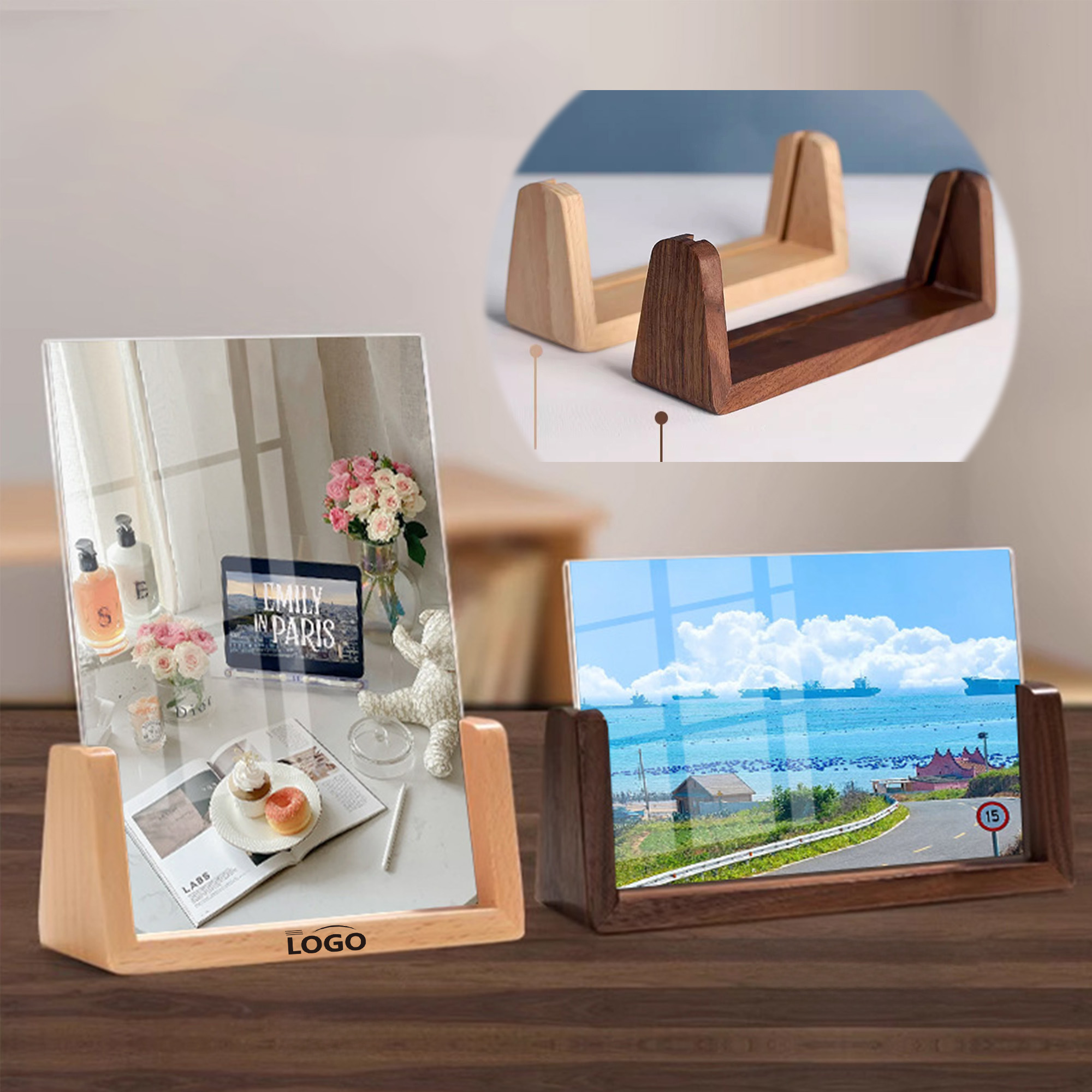 Picture Frame U-shaped Wood Base Acrylic Photo Desk 2