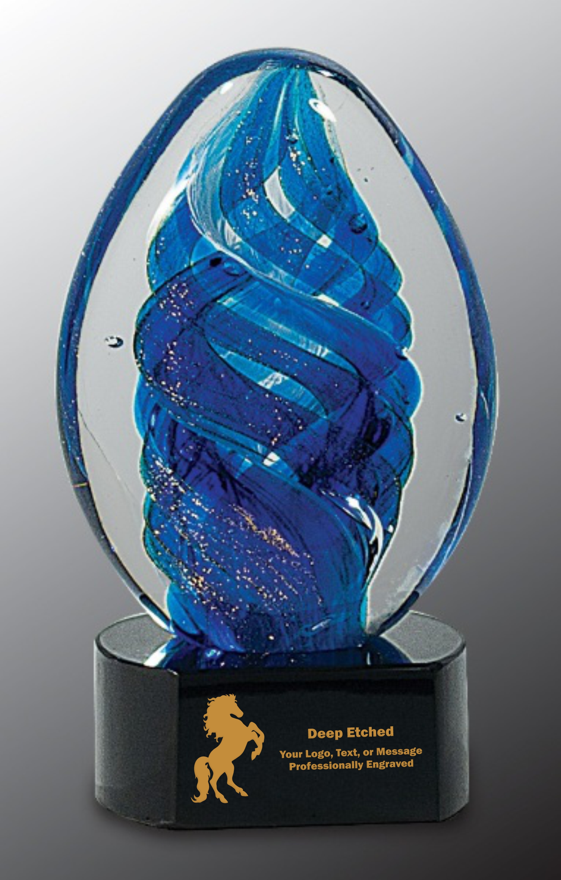 6" Blue Oval Swirl Art Glass Award